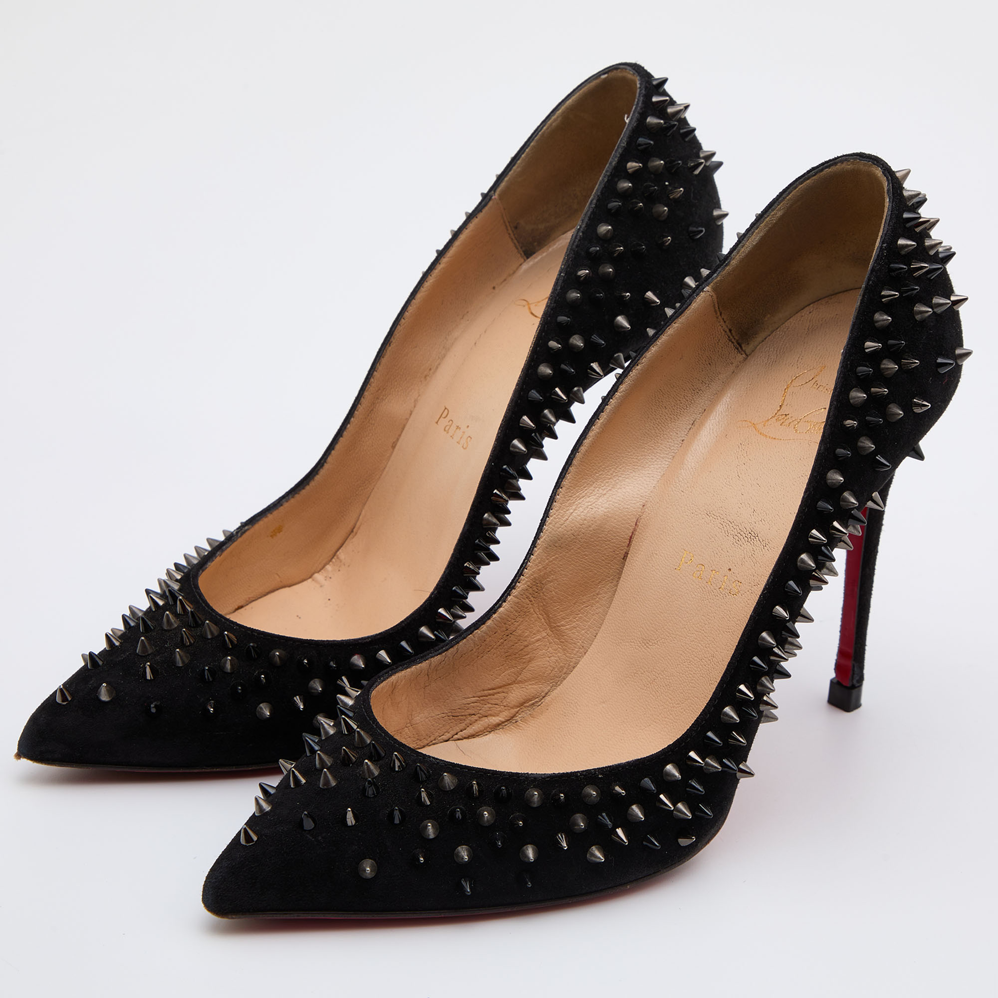 

Christian Louboutin Black Suede Studded Escarpic Pointed Toe Pumps Size