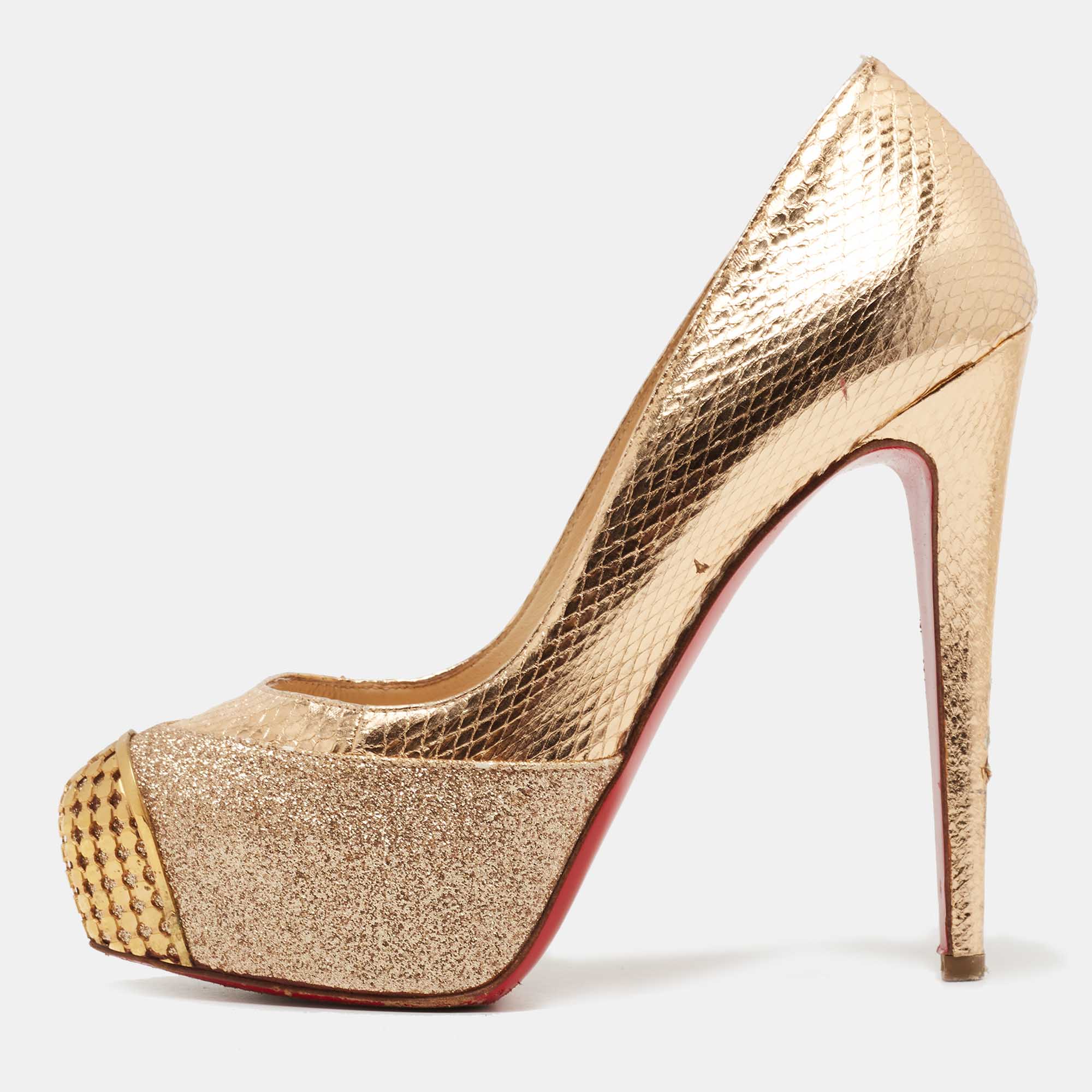 Pre-owned Christian Louboutin Maggie Glitter & Snakeskin Embossed Leather Platform Pumps Size 36.5 In Gold