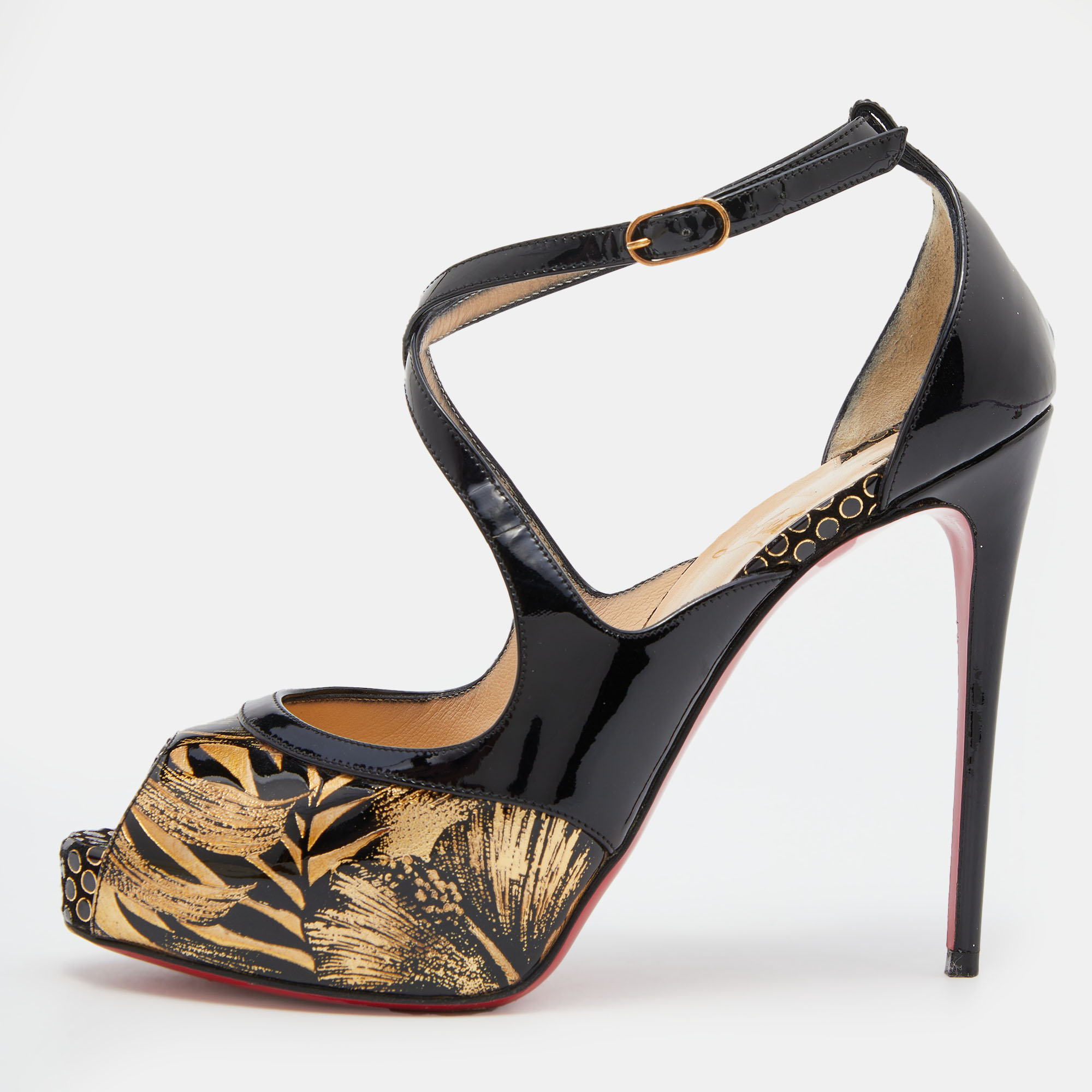 Pre-owned Christian Louboutin Black/gold Patent Leather Criss Cross Peep Toe Platform Sandals Size 36