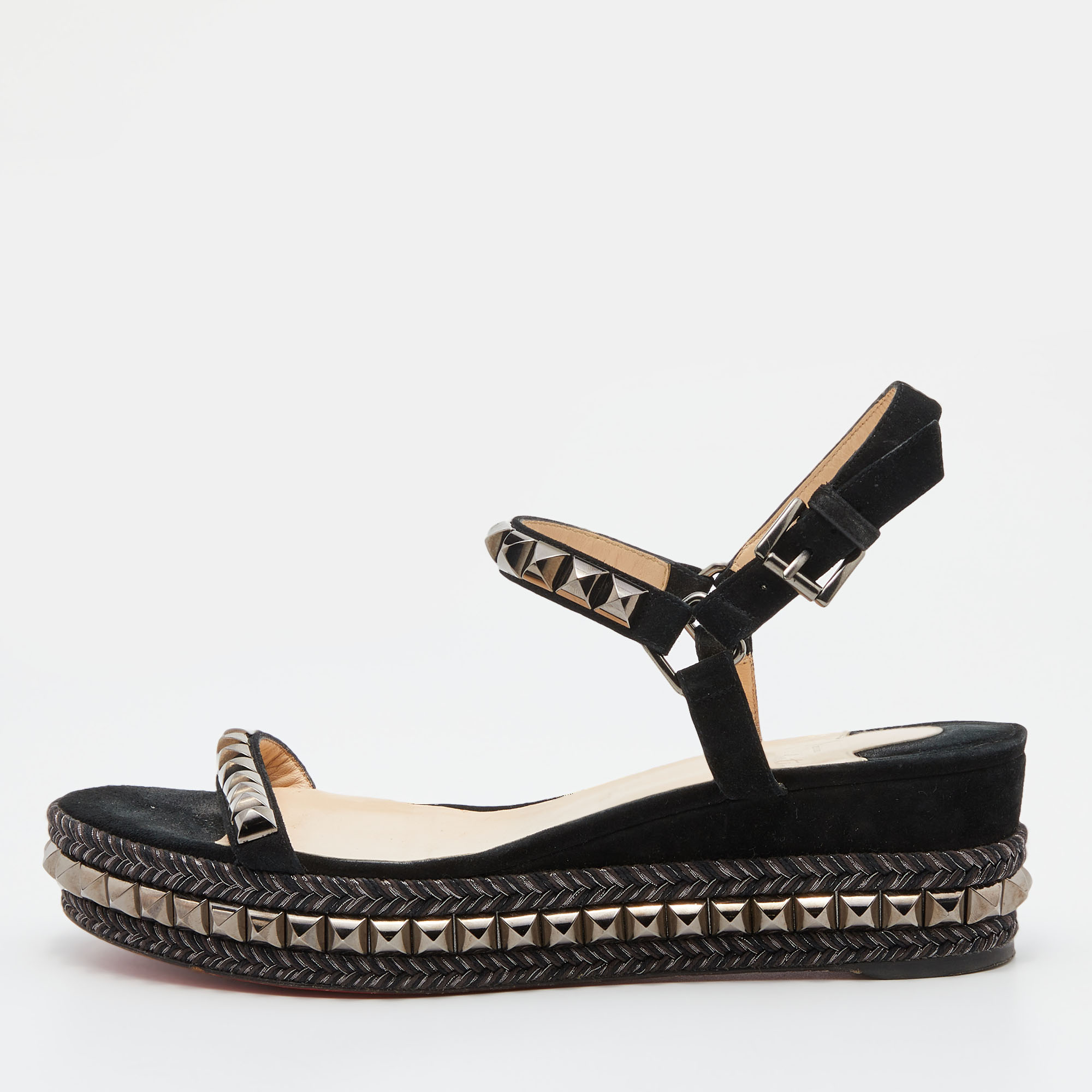 Pre Owned Christian Louboutin Black Suede Pyraclou Studded Ankle Strap Platform Sandals Size 41