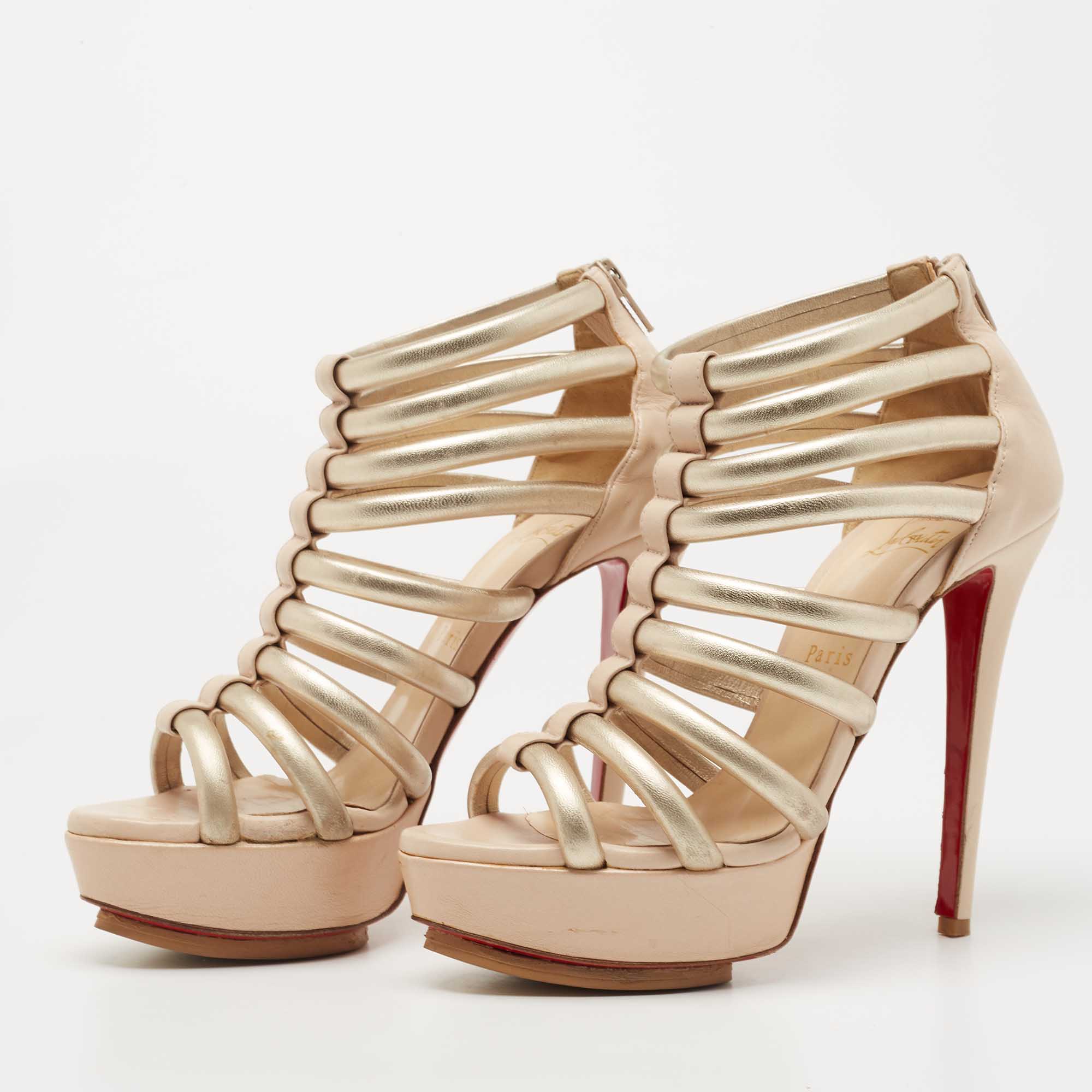 

Christian Louboutin Gold/Beige Leather Romaine Platform Sandals Size