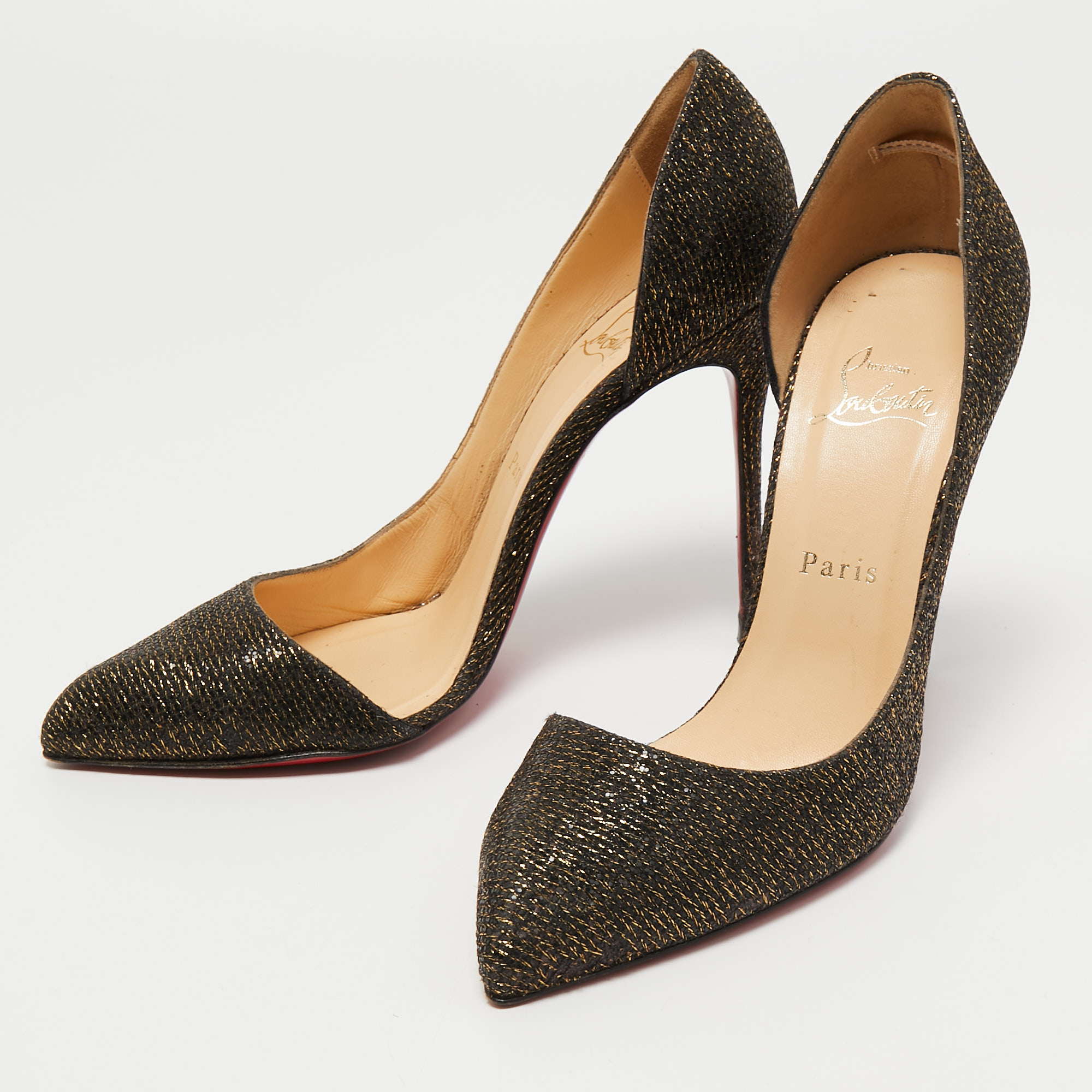 

Christian Louboutin Black/Gold Glitter Fabric D'orsay Pumps Size