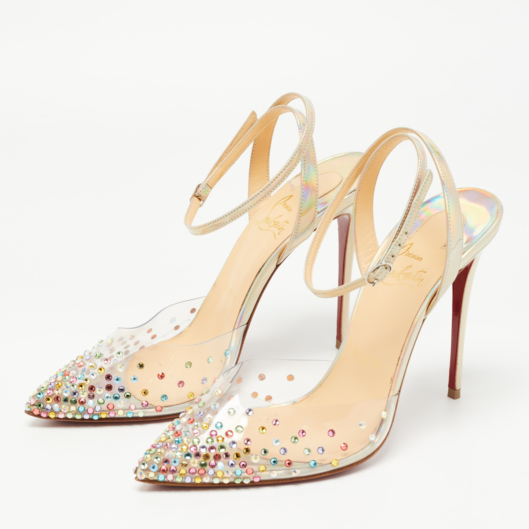 

Christian Louboutin Metallic Iridescent Leather and PVC Spikaqueen Ankle Strap Pumps Size, Multicolor