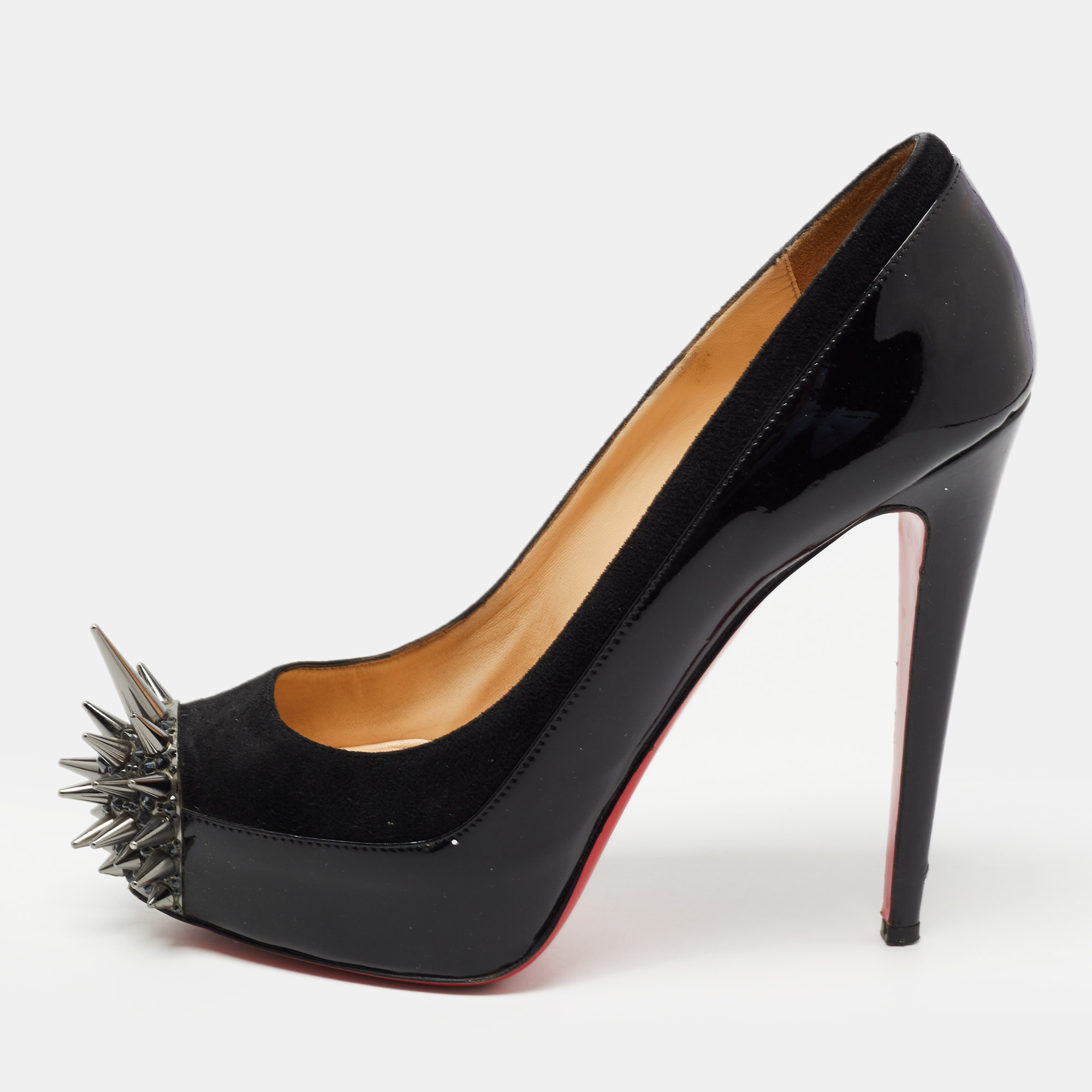 Pre-owned Christian Louboutin Black Patent And Suede Asteroid Pumps Size 38.5