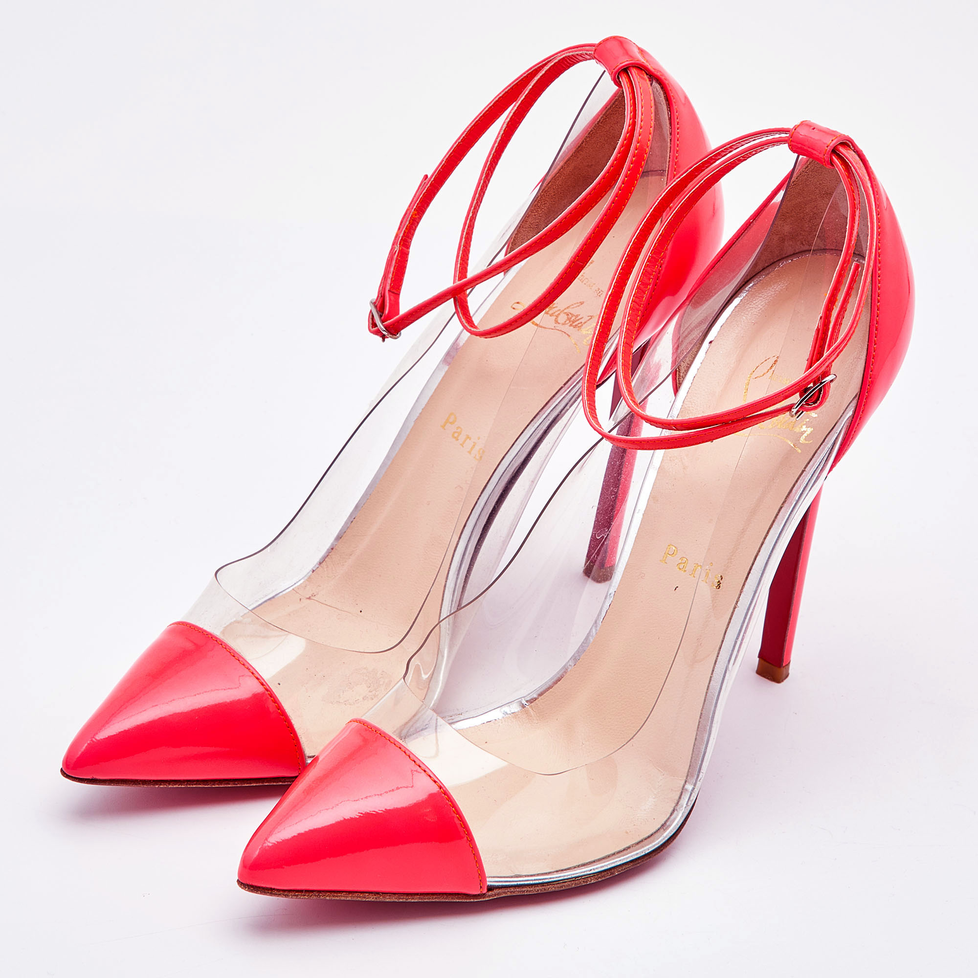 

Christian Louboutin Neon Coral Patent Leather and PVC Bis Un Bout Ankle Length Pumps Size, Pink