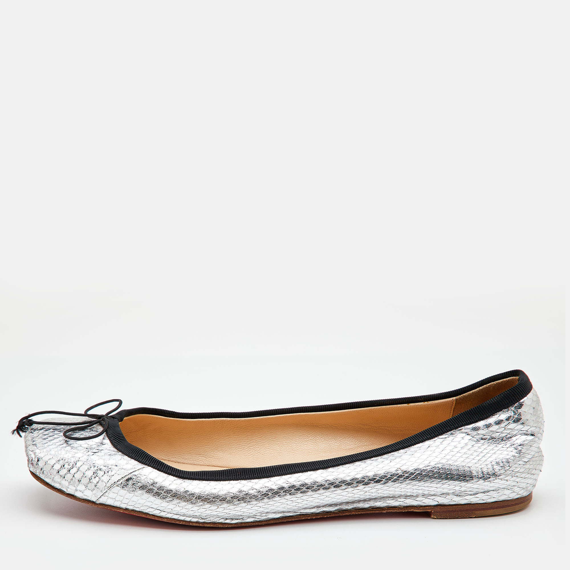 Pre-owned Christian Louboutin Metallic Silver Snakeskin Embossed Leather Ballet Flats Size 37.5