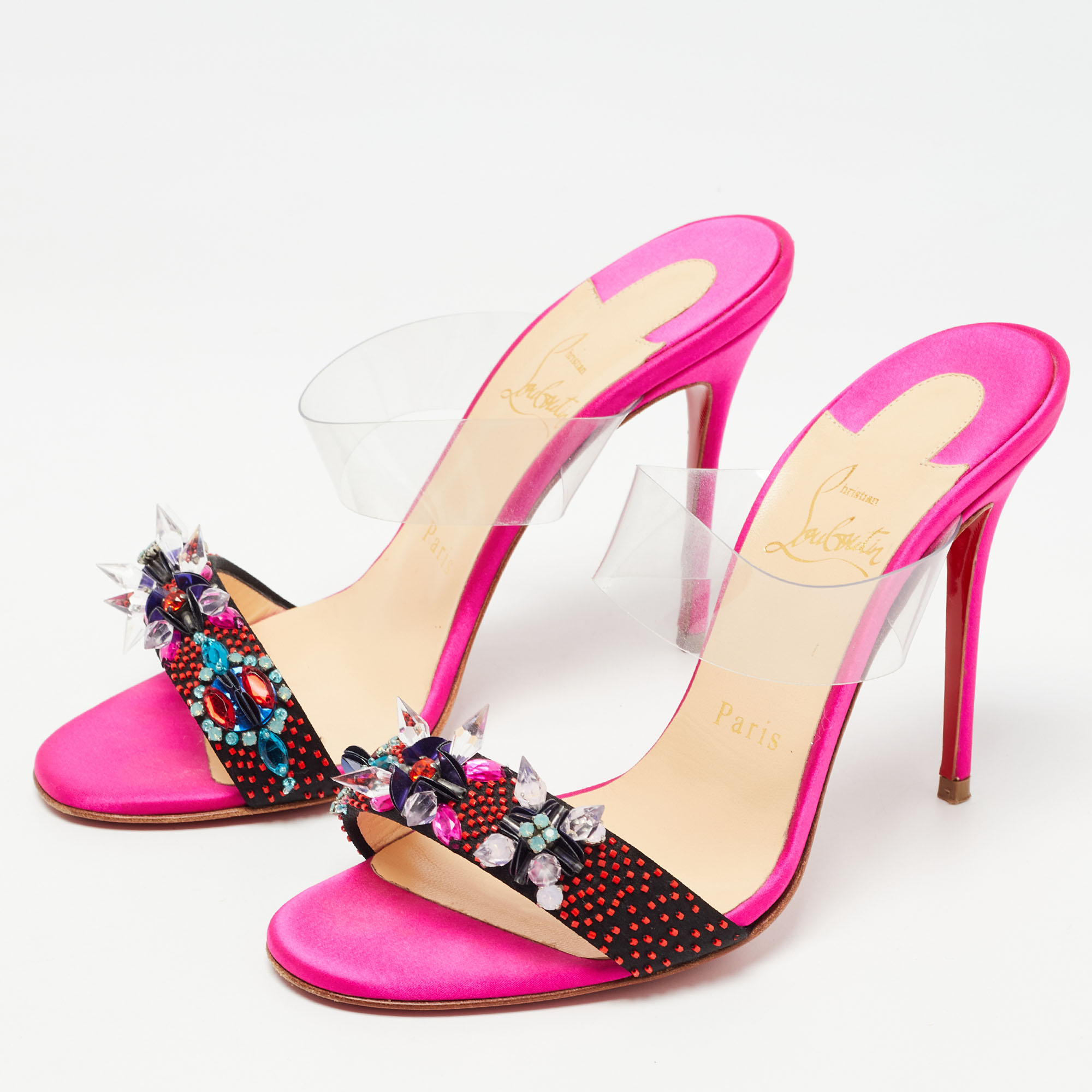 

Christian Louboutin Multicolor Satin and PVC Speleola Slide Sandals Size
