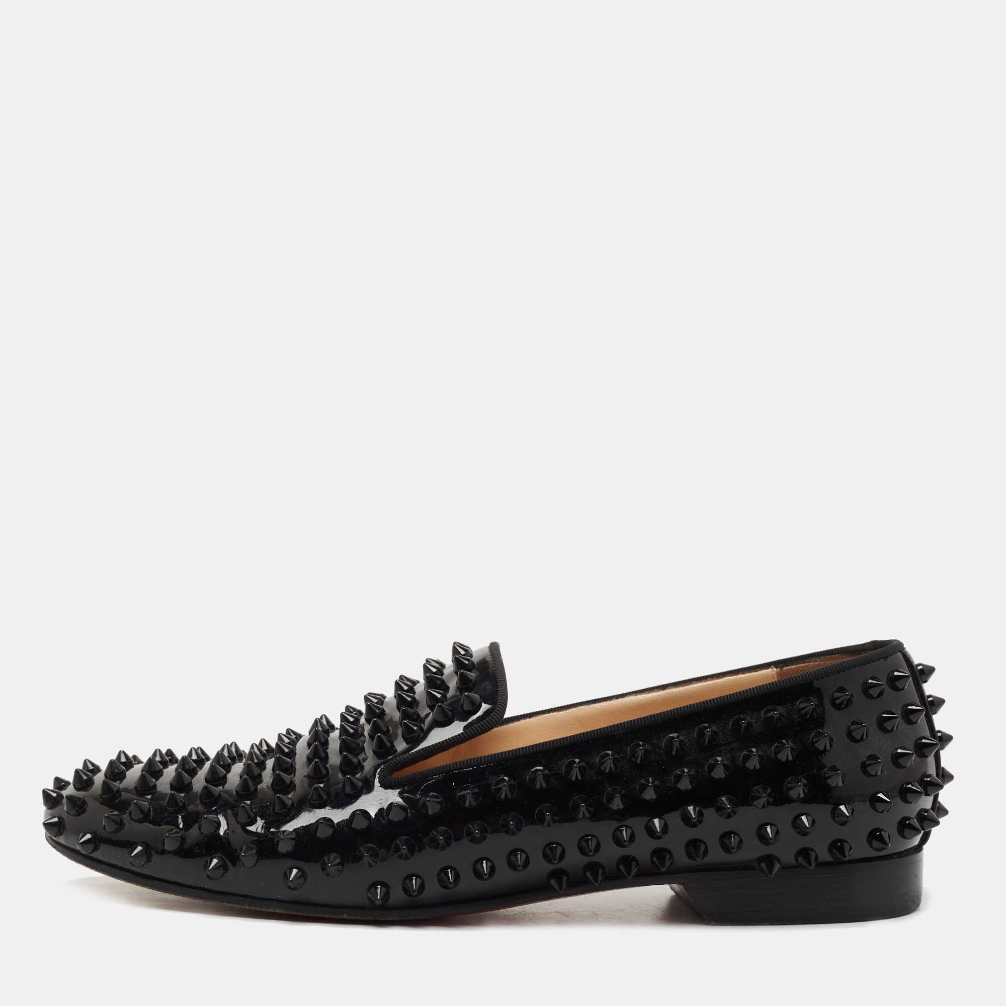 Pre-owned Christian Louboutin Black Patent Dandelion Spikes Loafers Size 39.5