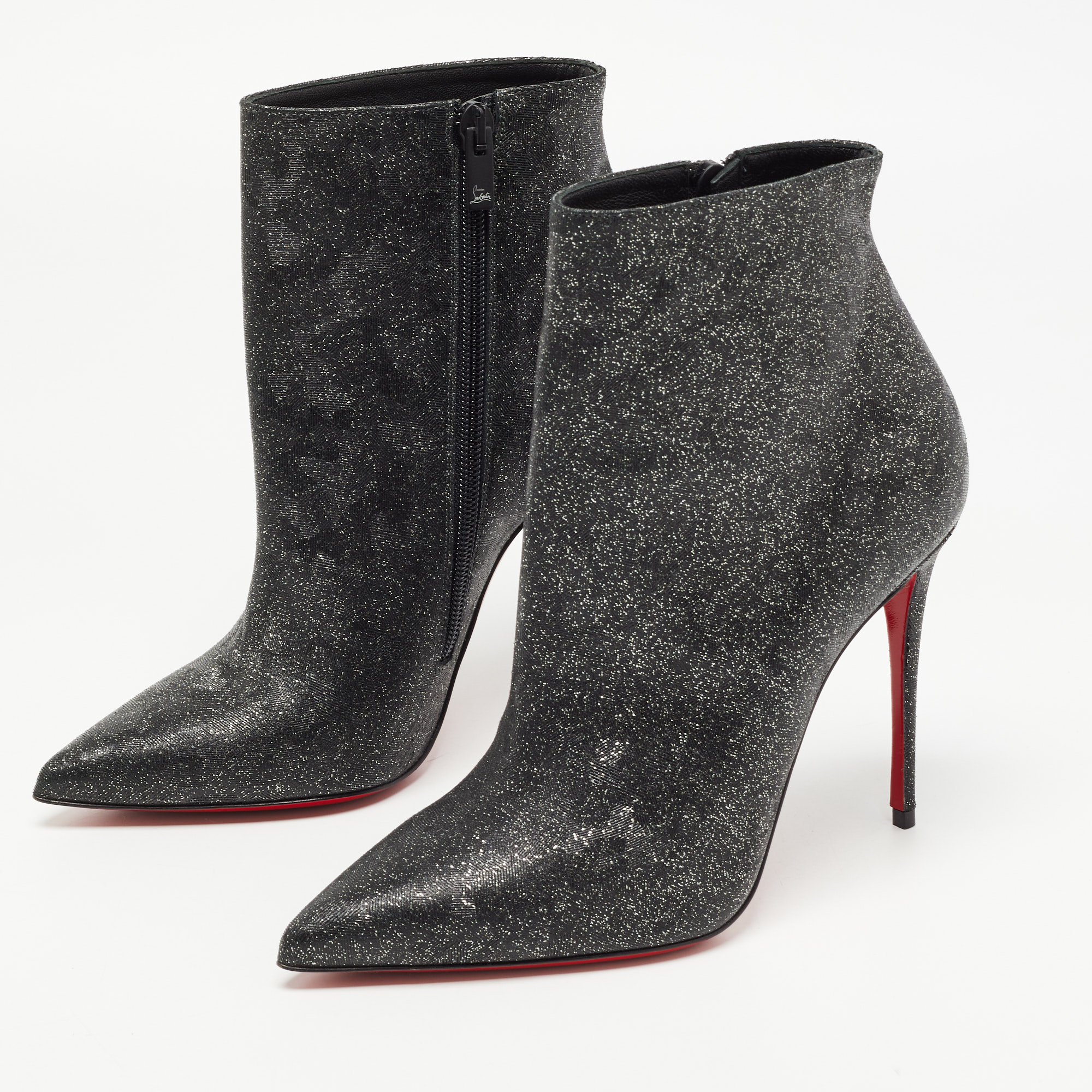 

Christian Louboutin Black/Silver Leather and Glitter So Kate Ankle Boots Size