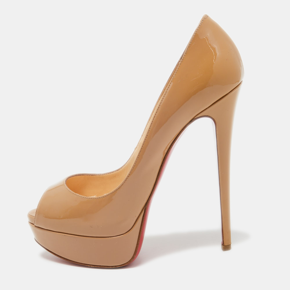 Pre-owned Christian Louboutin Beige Patent Leather Lady Peep Platform Pumps Size 38.5
