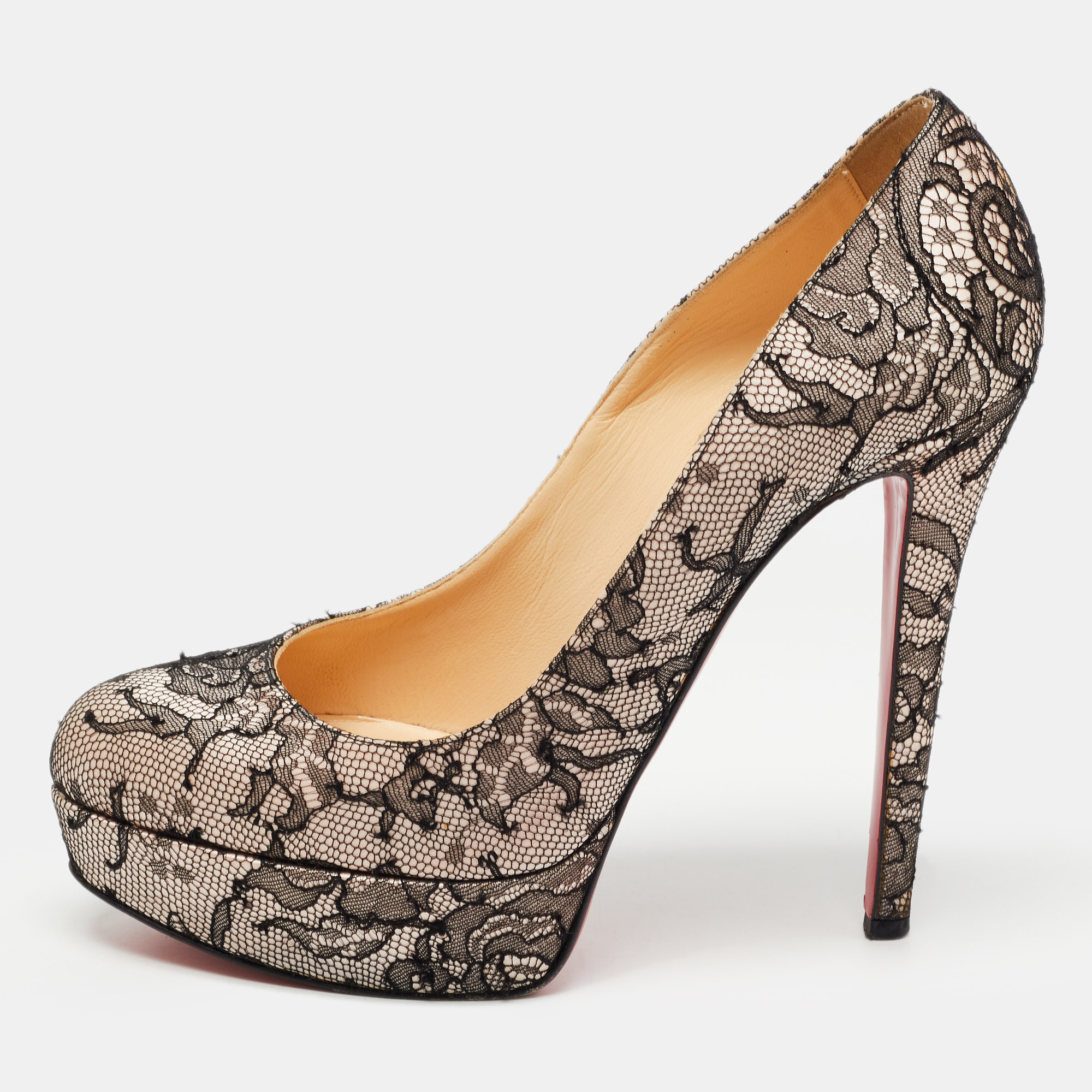 Pre-owned Christian Louboutin Black/pink Lace And Satin Bianca Pumps Size 38.5