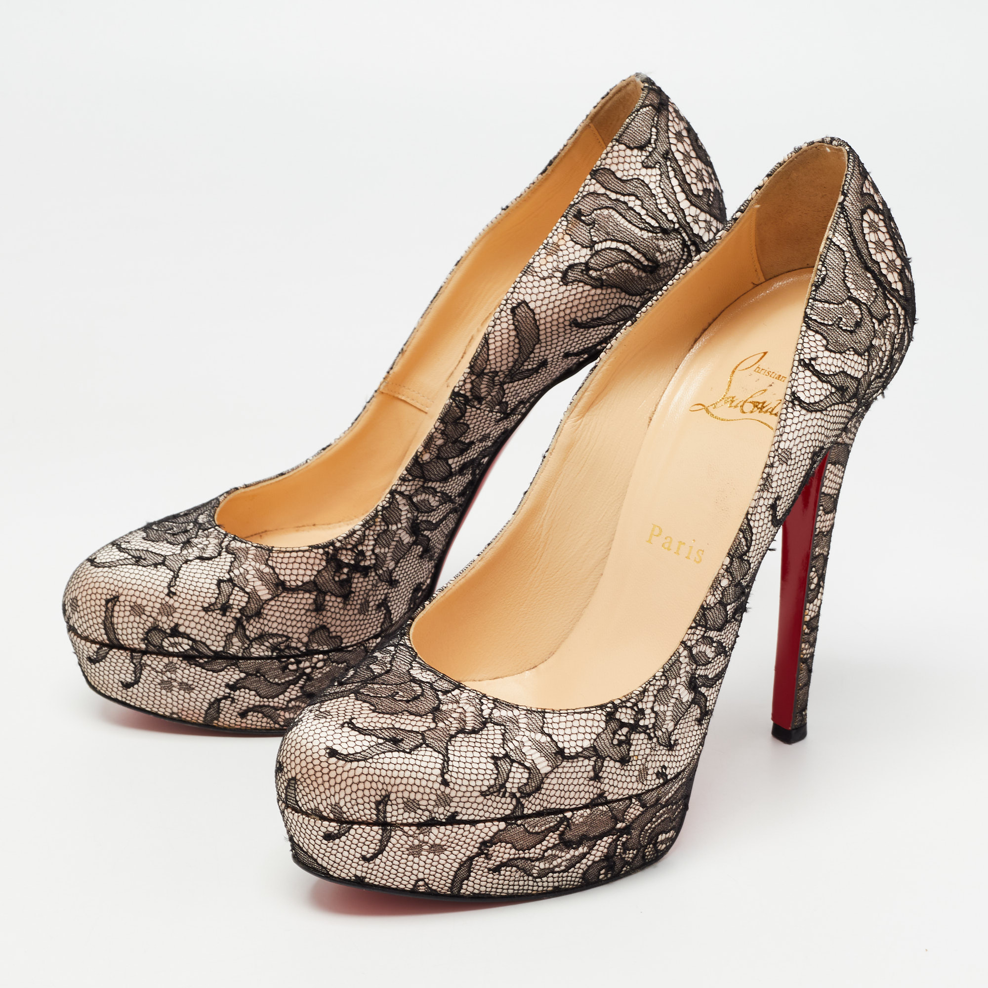 

Christian Louboutin Black/Pink Lace and Satin Bianca Pumps Size