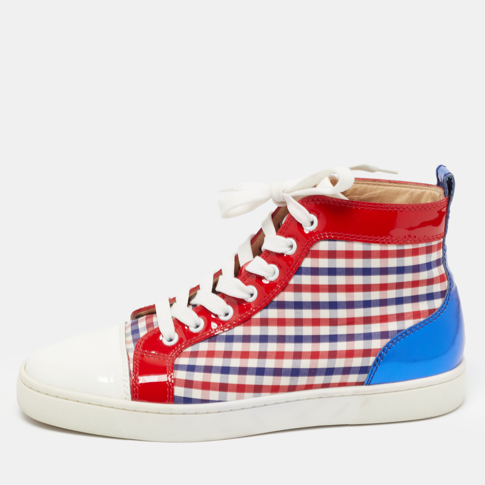 

Christian Louboutin Tricolor Patent Leather and Plaid Fabric Louis High Top Sneakers Size, Red