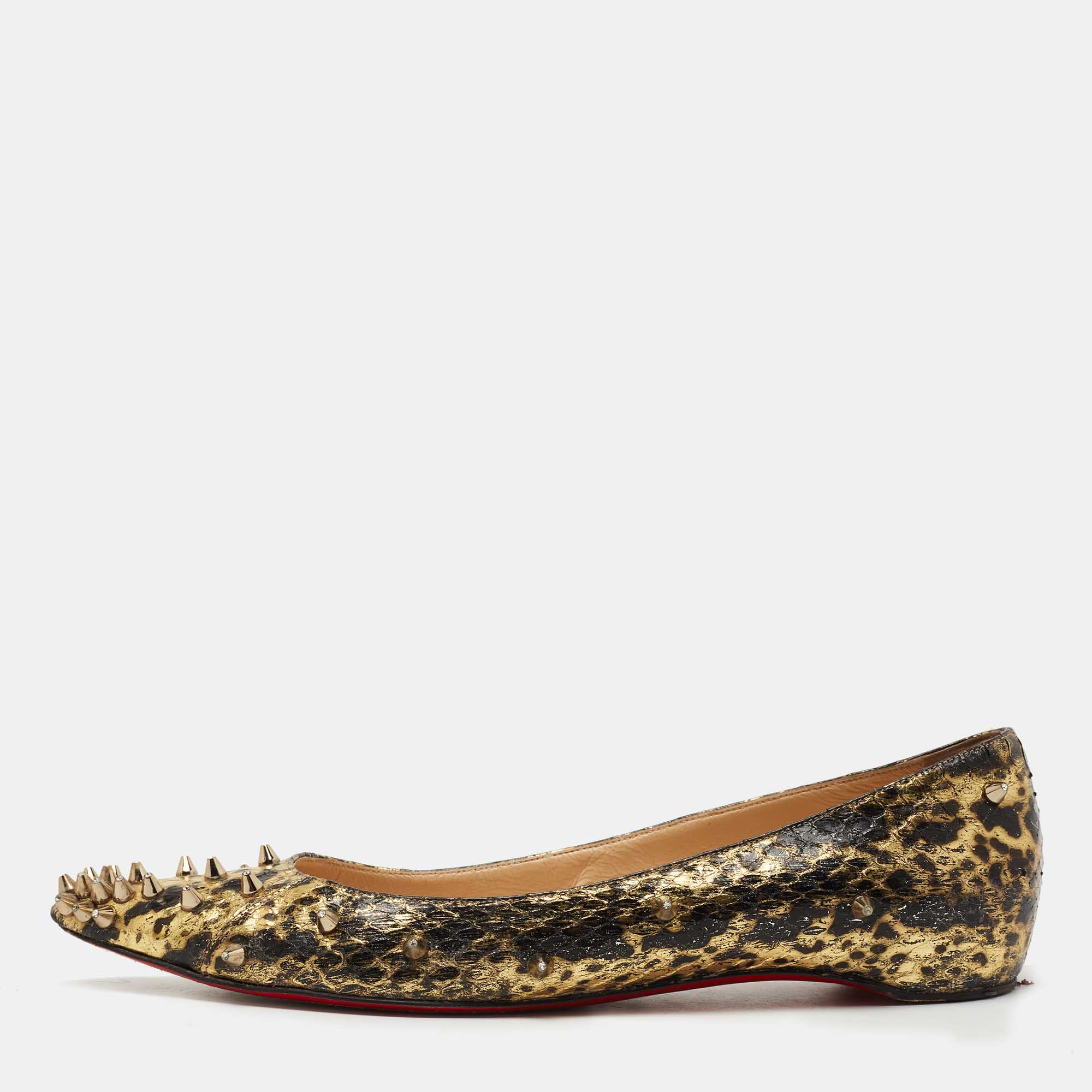 Pre-owned Christian Louboutin Gold/black Watersnake Degraspike Ballet Flats Size 38