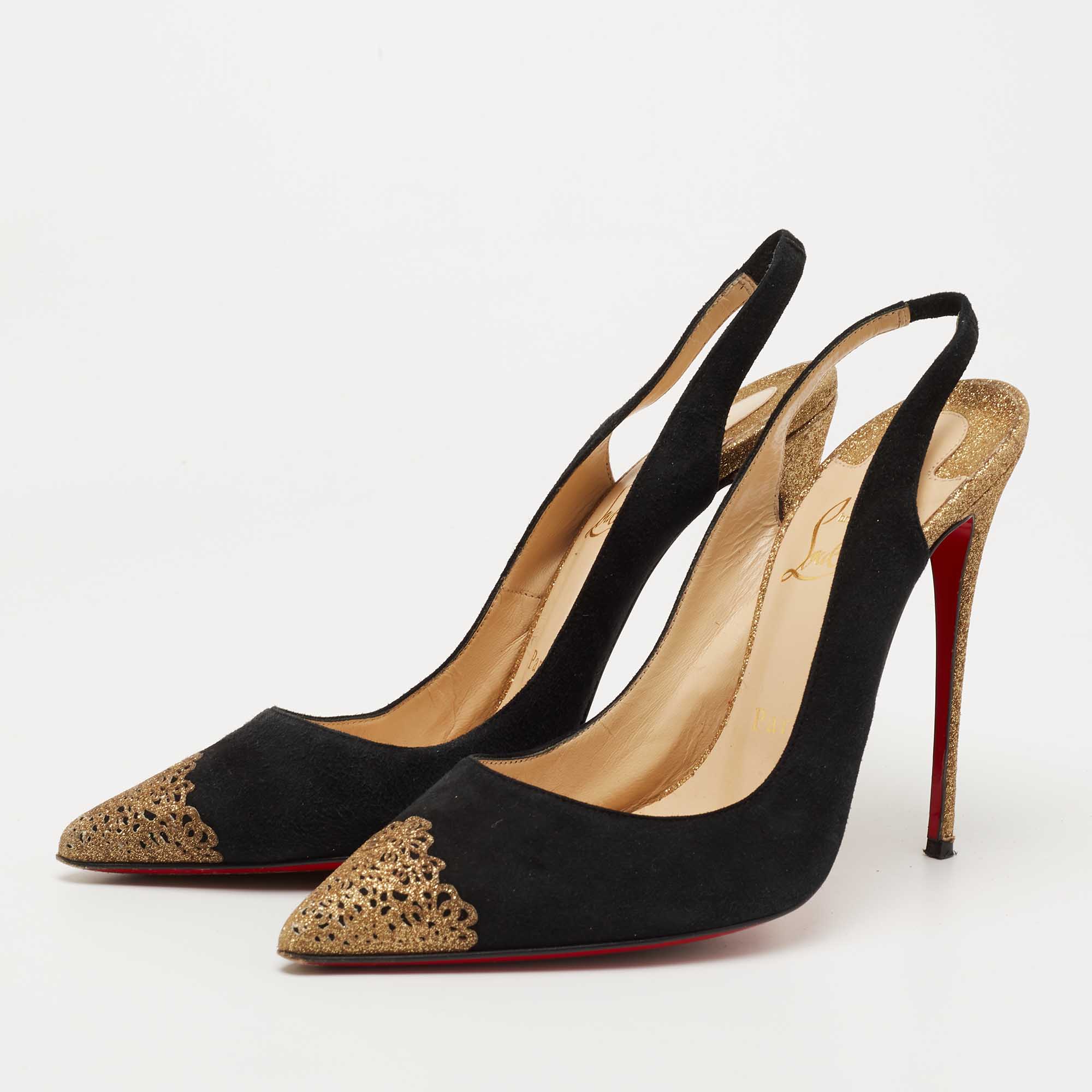 

Christian Louboutin Black/Gold Suede and Glitter Almine Slingback Pumps Size