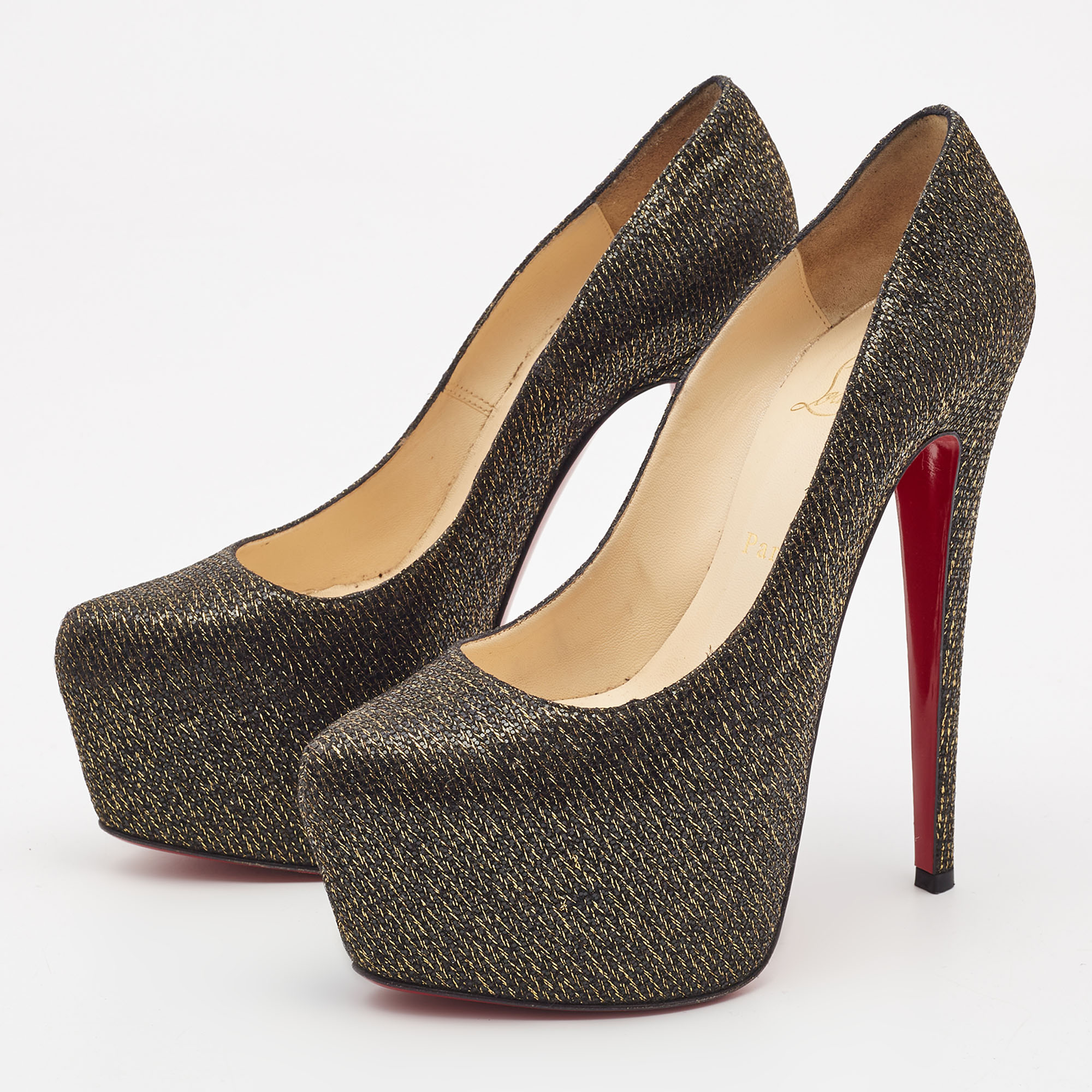 

Christian Louboutin Black/Gold Lurex Fabric Daffodile Platform Pumps Size