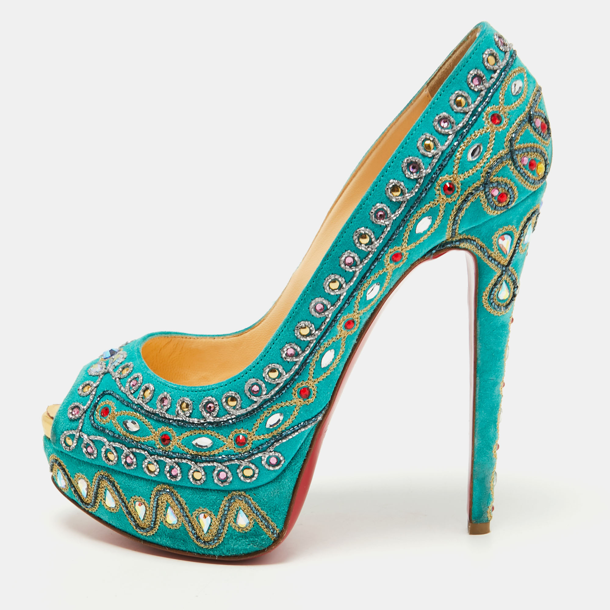 Pre-owned Christian Louboutin Turquoise Embellished Suede Lady Peep Pumps Size 37 In Blue