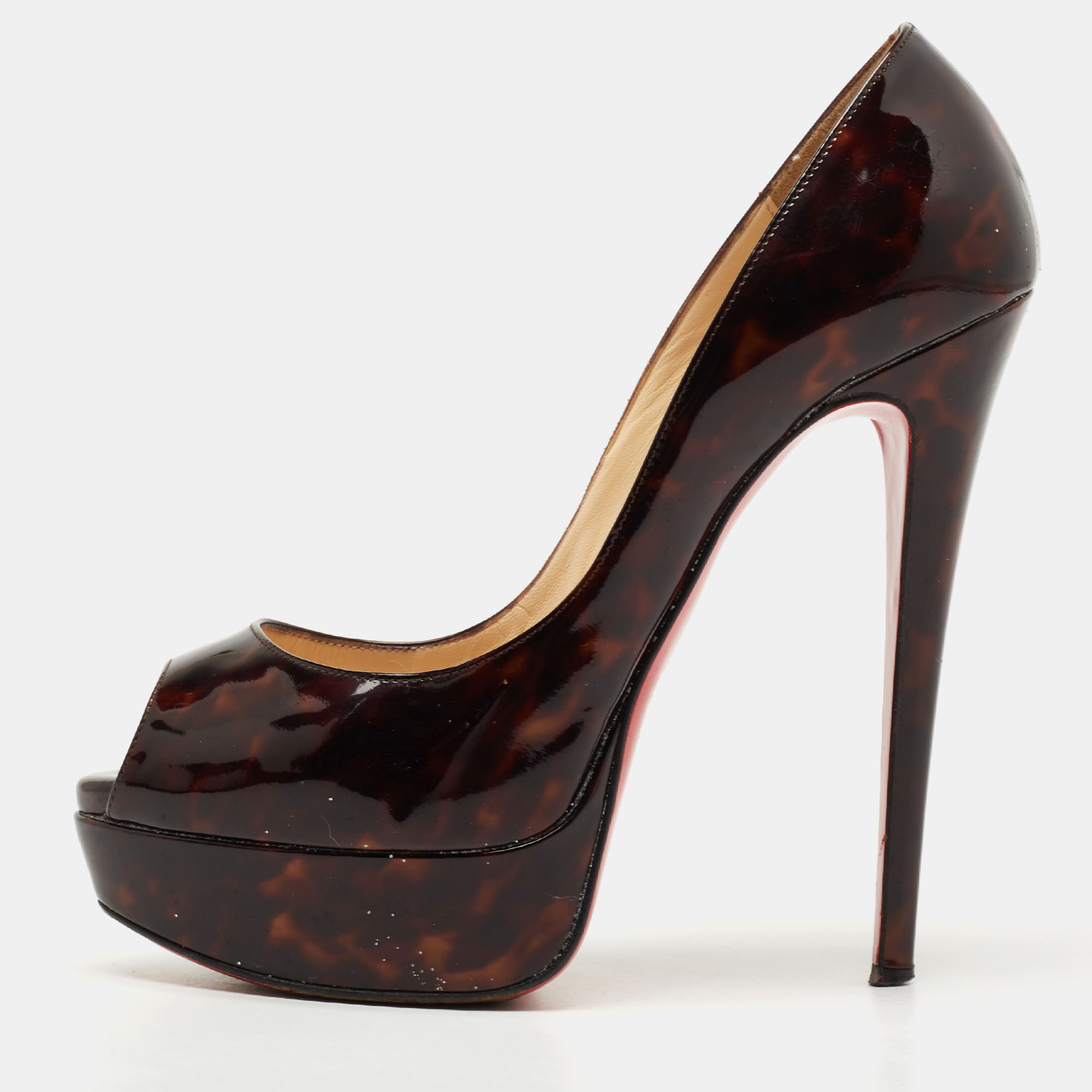 Pre-owned Christian Louboutin Brown Printed Patent Leather Lady Peep Pumps Size 36.5