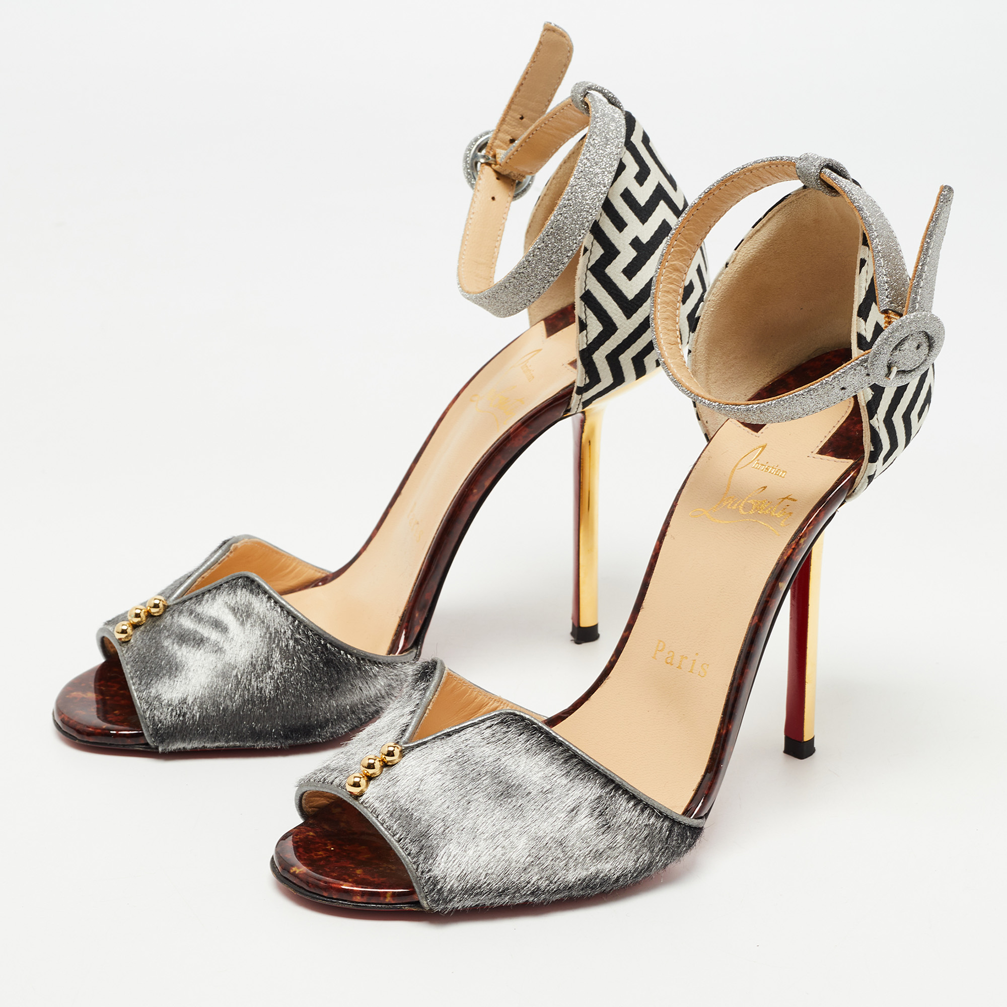

Christian Louboutin Tricolor Calf Hair and Printed Fabric Notte Bella Sandals Size, Grey