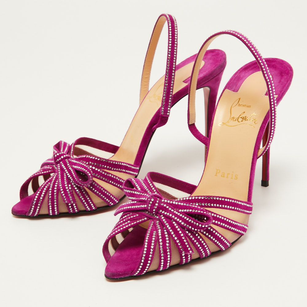 

Christian Louboutin Purple Crystal Embellished Suede and Mesh Araborda Slingback Sandals Size