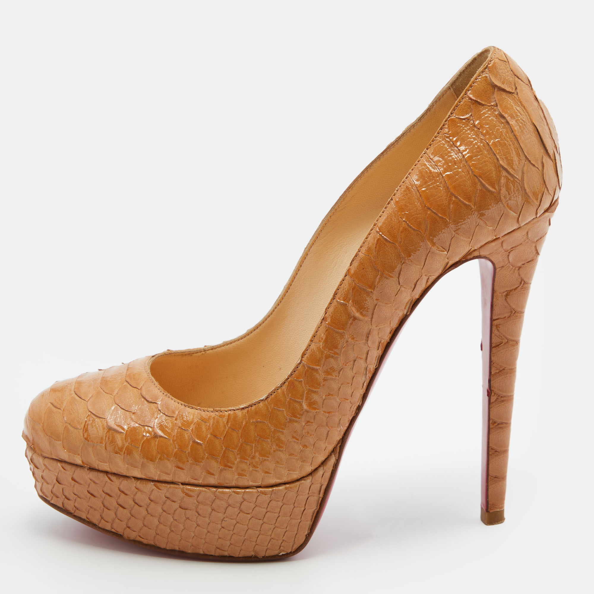 Pre-owned Christian Louboutin Light Brown Python Leather Bianca Platform Pumps Size 37