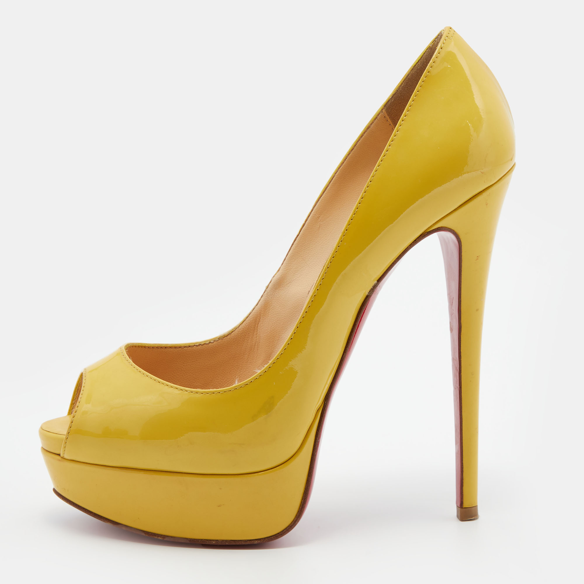 Pre-owned Christian Louboutin Yellow Patent Leather Lady Peep Platform Pumps Size 37