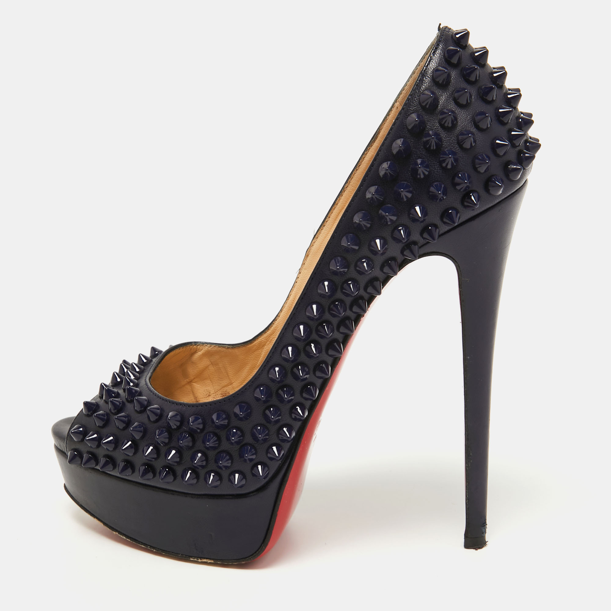 Pre-owned Christian Louboutin Navy Blue Leather Lady Peep Spikes Pumps Size 36