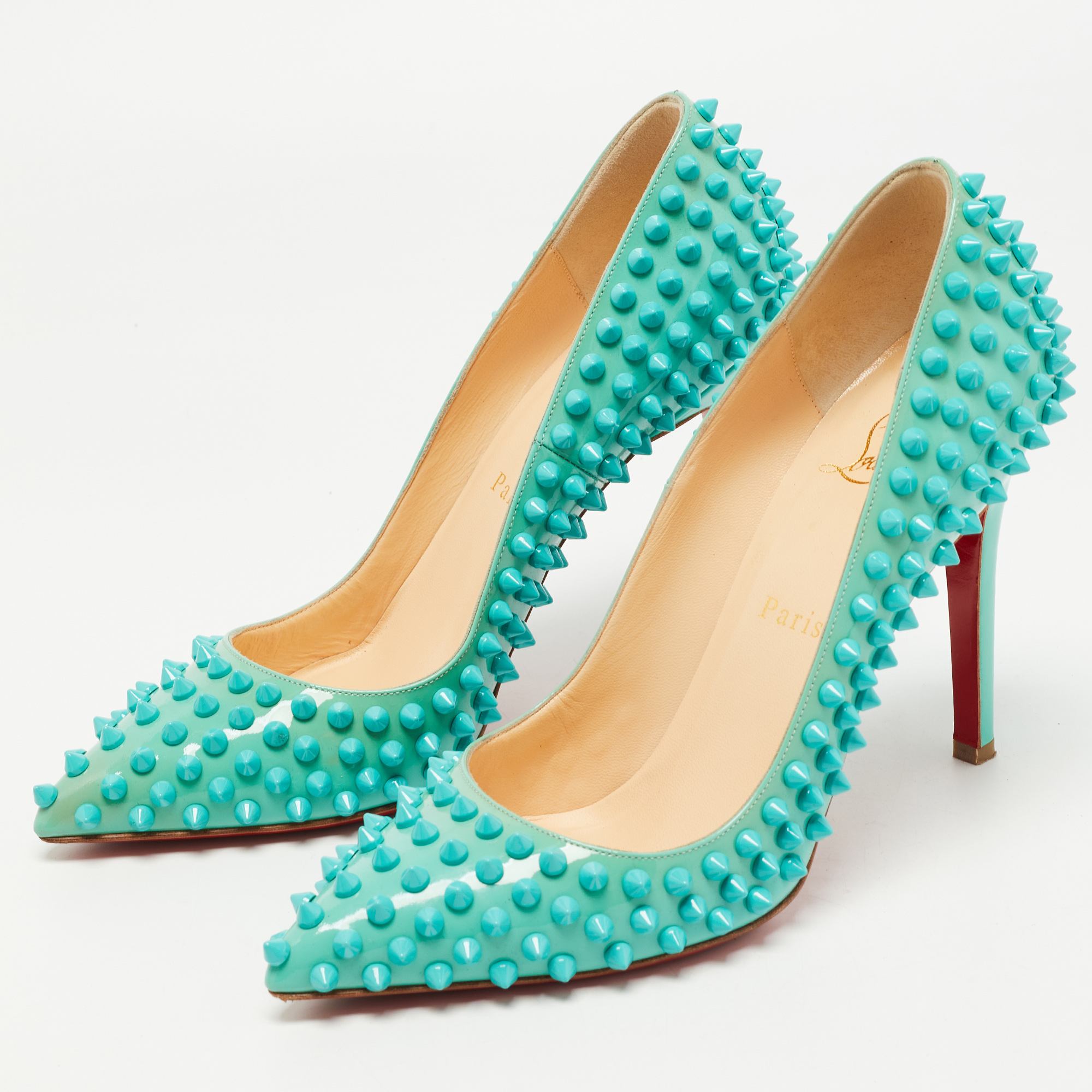 

Christian Louboutin Turquoise Patent Leather Pigalle Spikes Pumps Size, Blue