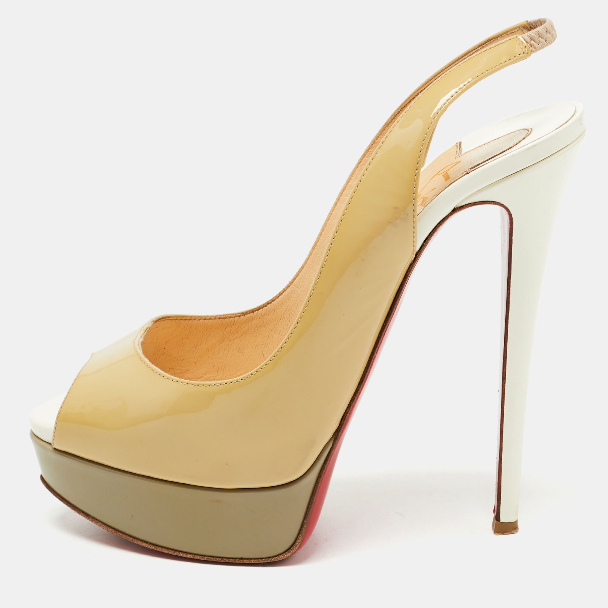 Pre-owned Christian Louboutin Tricolor Patent Leather Lady Peep Slingback Pumps Size 38.5 In Beige