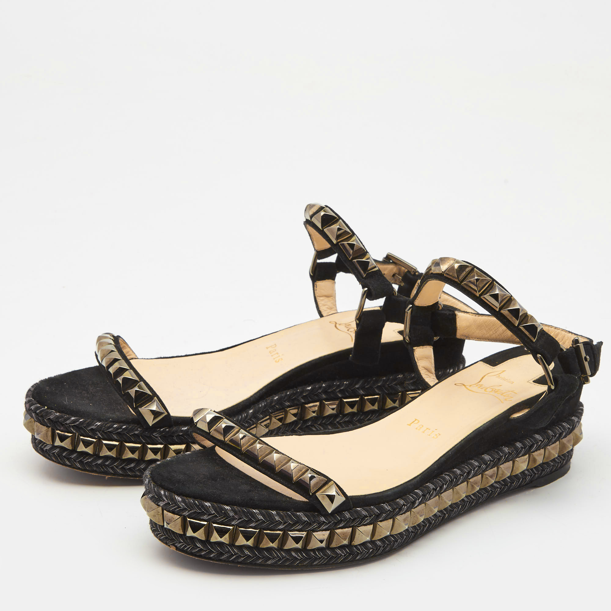 

Christian Louboutin Black Suede Pyraclou Espadrille Sandals Size