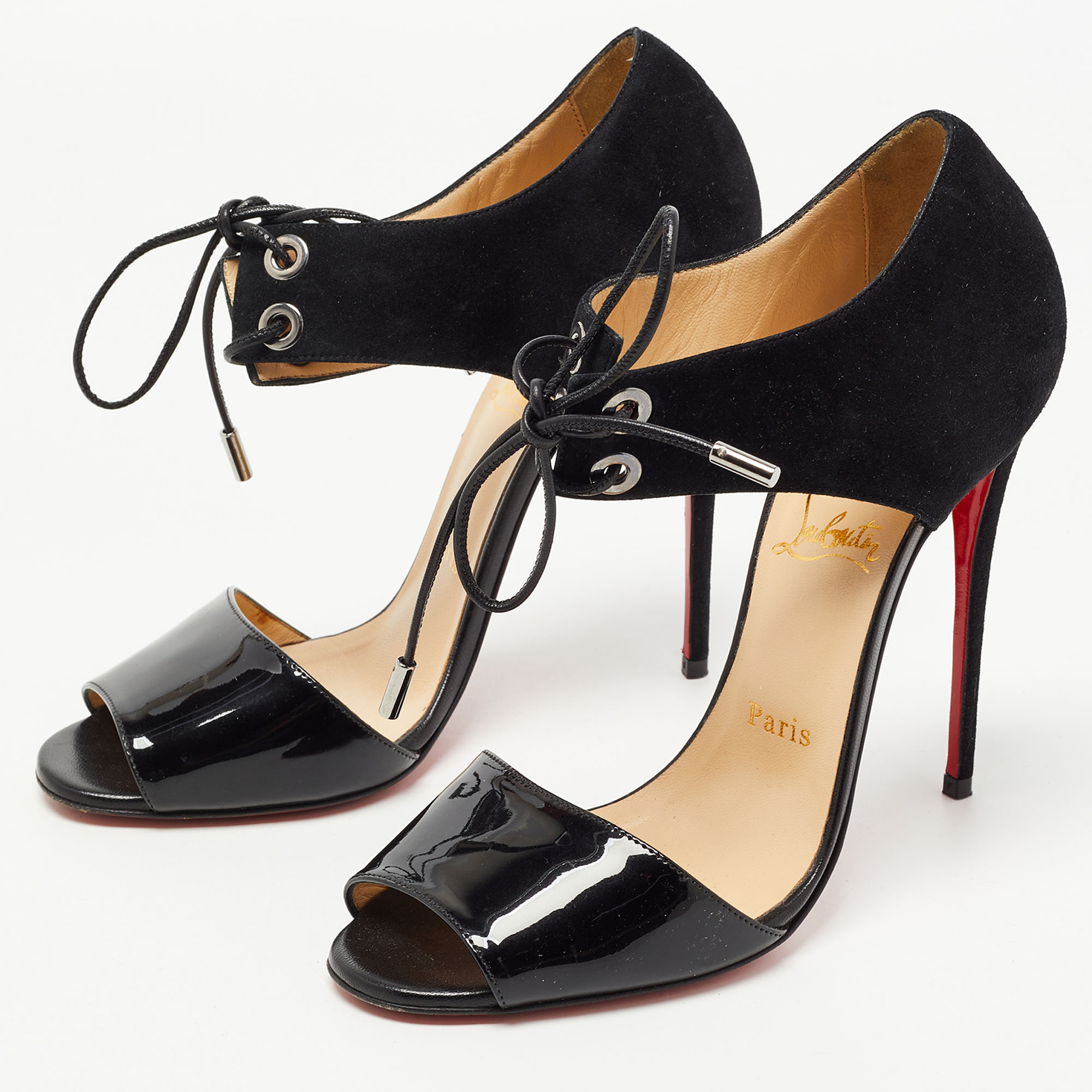 

Christian Louboutin Black Suede and Patent Mayerling Lace Up Sandals Size