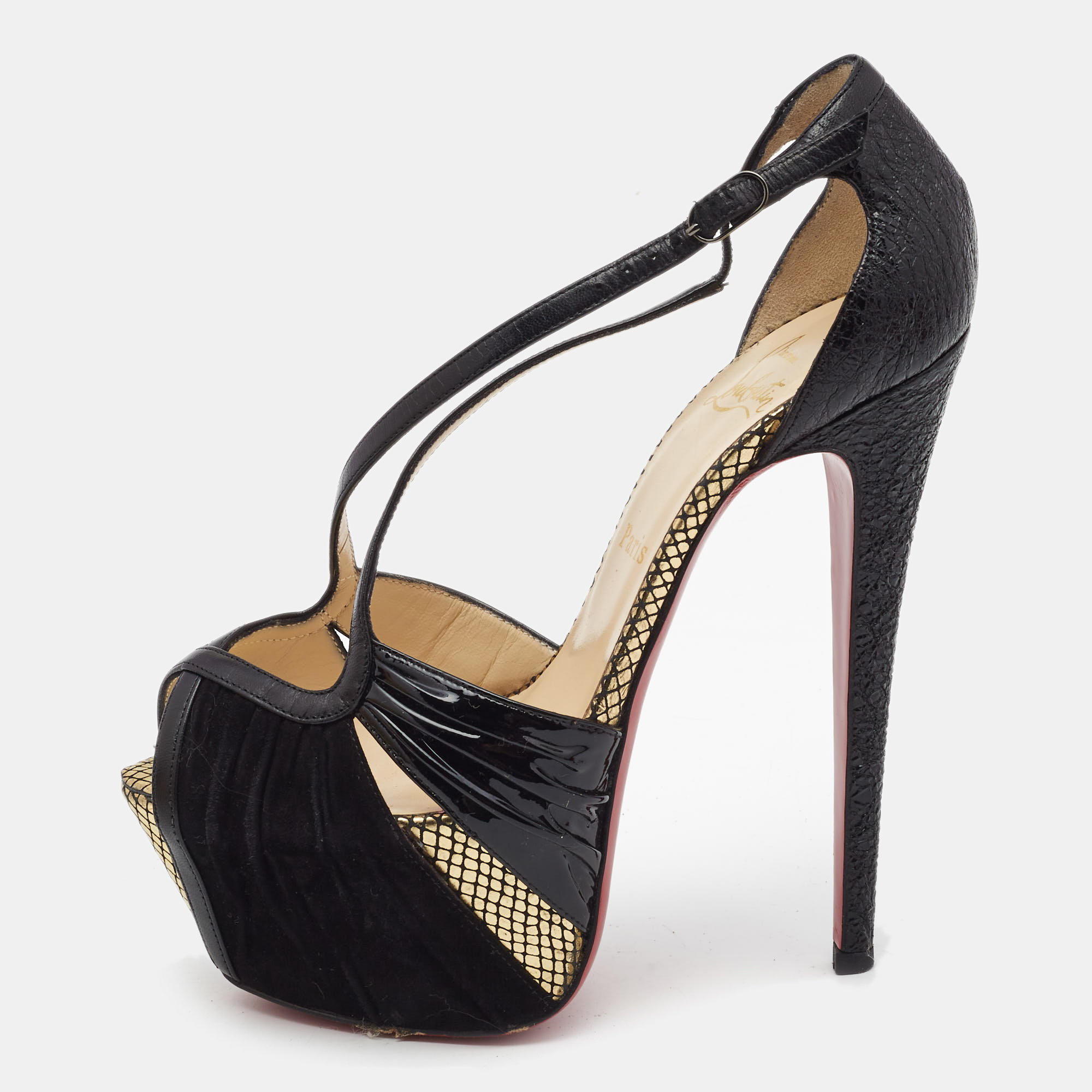 Pre-owned Christian Louboutin Black Patent Leather And Suede Divinoche Platform Pumps Size 38.5