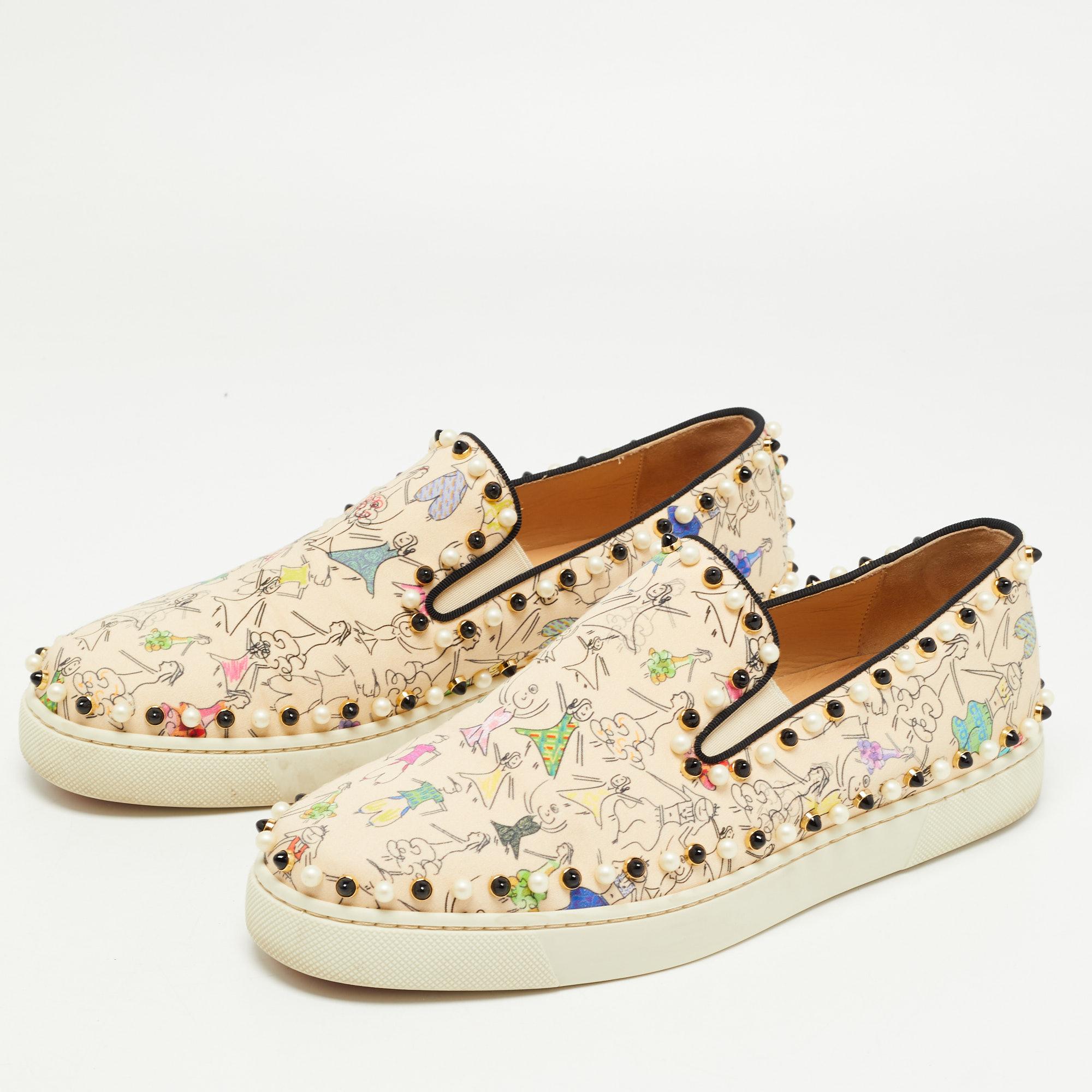 

Christian Louboutin Beige Printed Fabric Studded Boat Sneakers Size