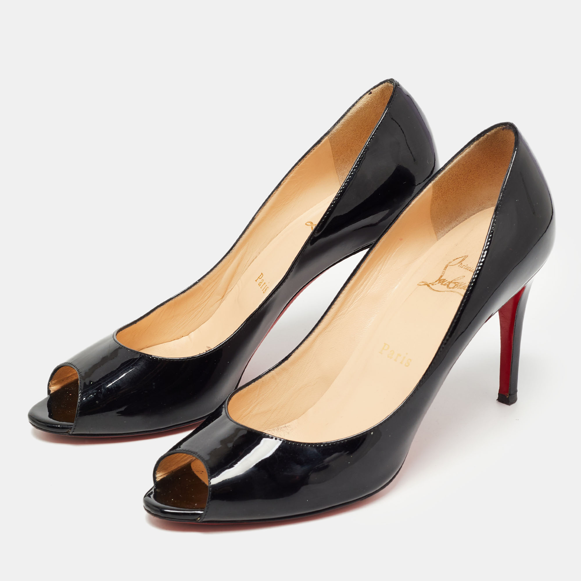 

Christian Louboutin Black Patent Leather Flo Peep Toe Pumps Size