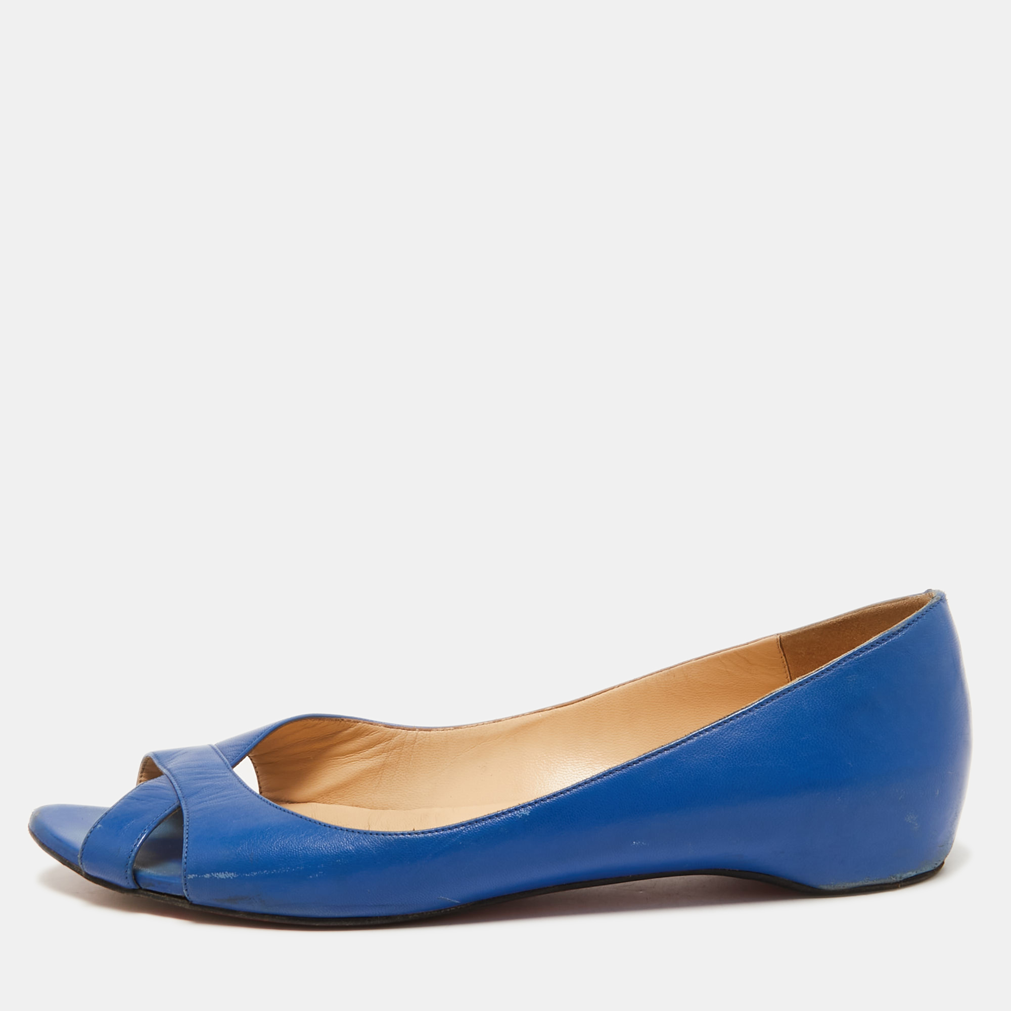 Pre-owned Christian Louboutin Blue Leather Crisscross Ballet Flats Size 38.5