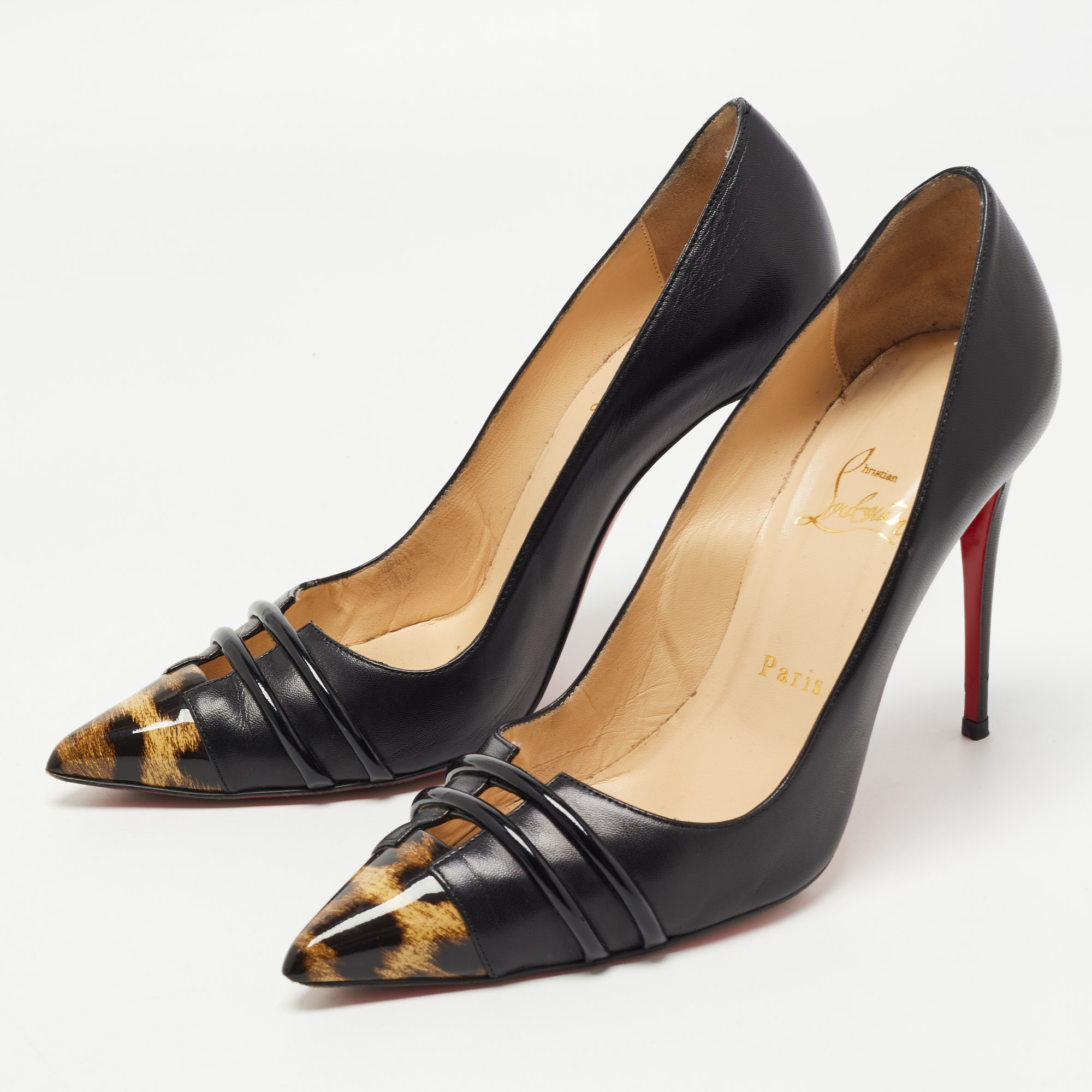 

Christian Louboutin Black/Brown Leather and Leopard Print Patent Front Double Pumps Size
