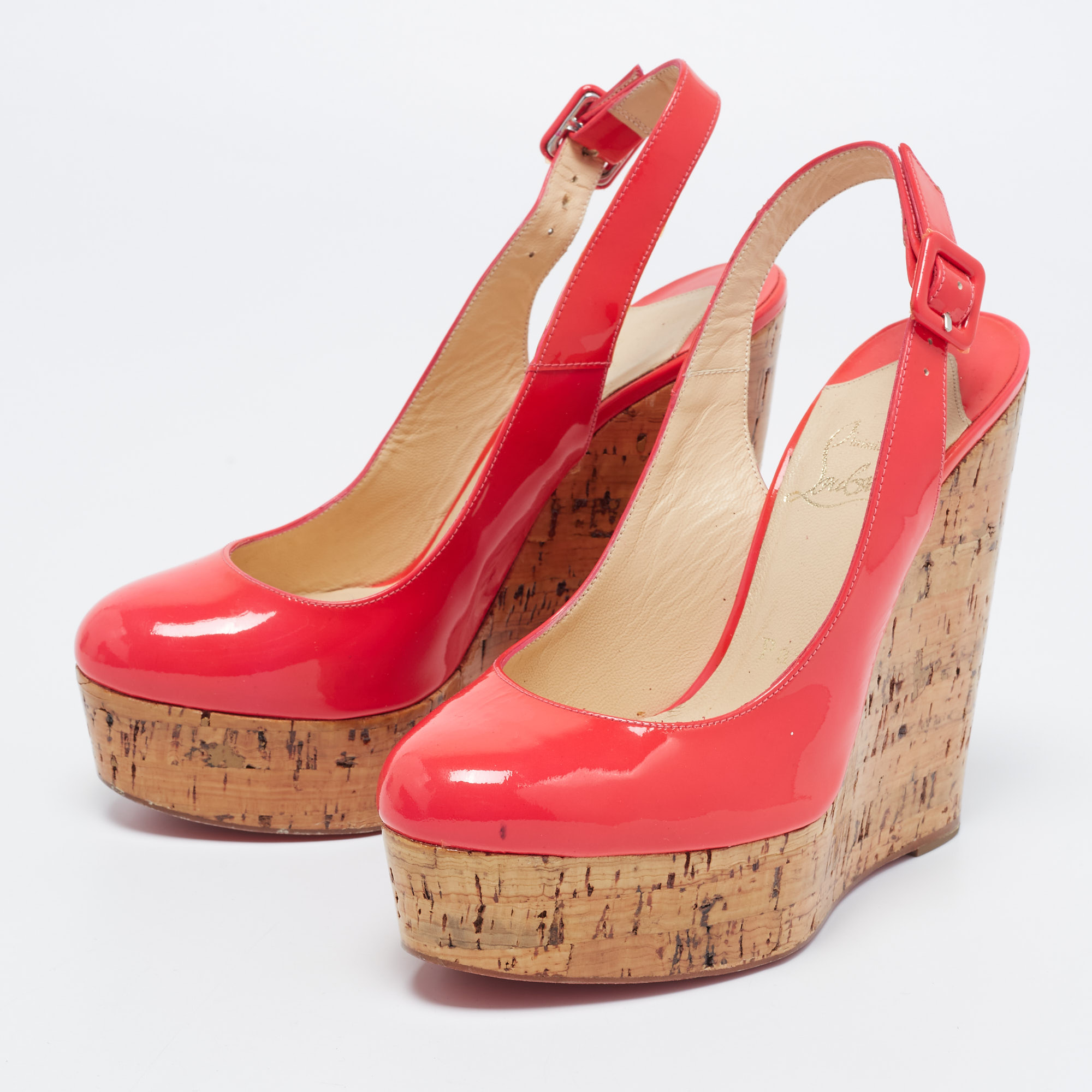 

Christian Louboutin Neon Pink Patent Leather Cork Wedge Slingback Pumps Size