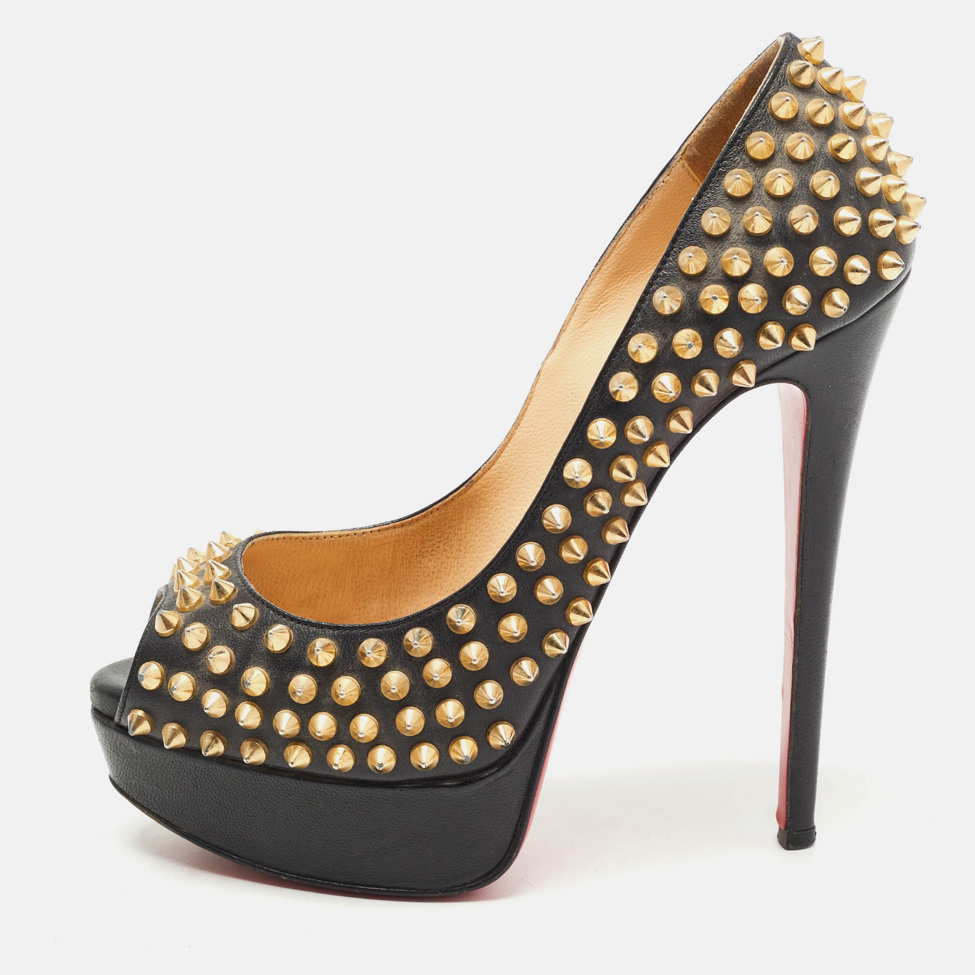 Pre-owned Christian Louboutin Black Leather Lady Peep Spikes Pumps Size 37