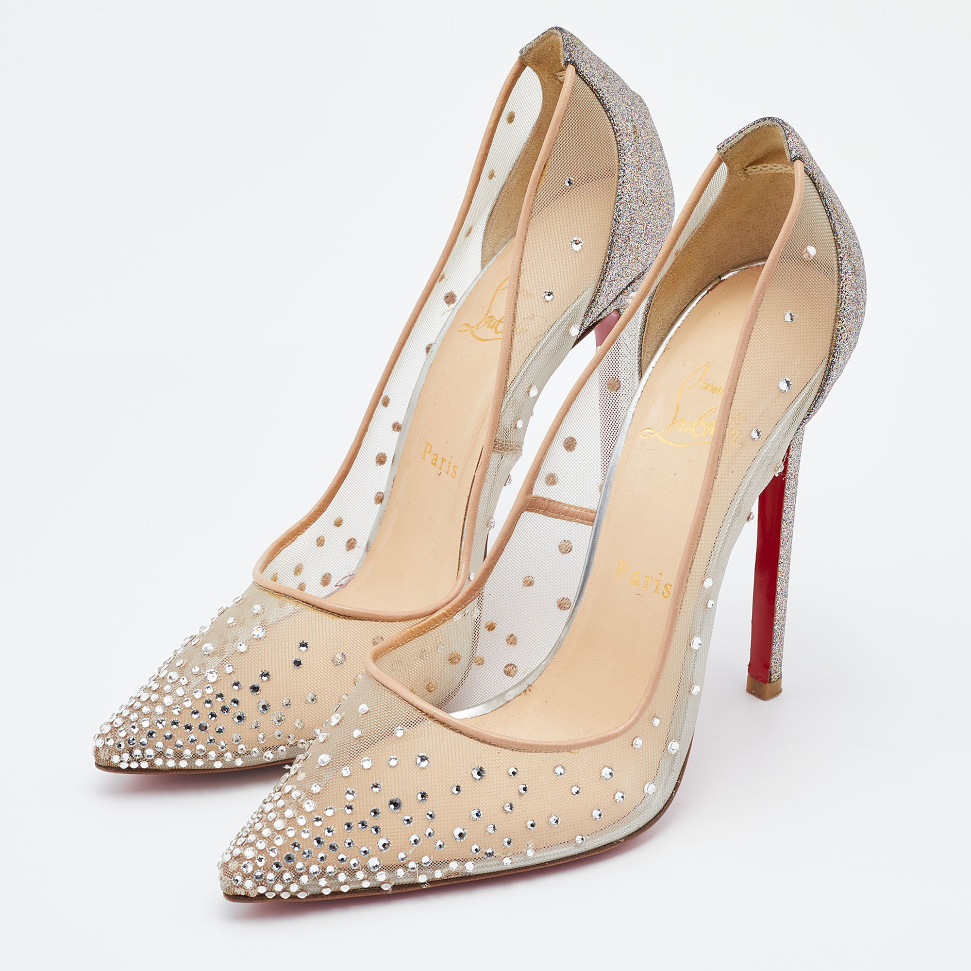 

Christian Louboutin Beige/Silver Mesh and Leather Follies Strass Pumps Size