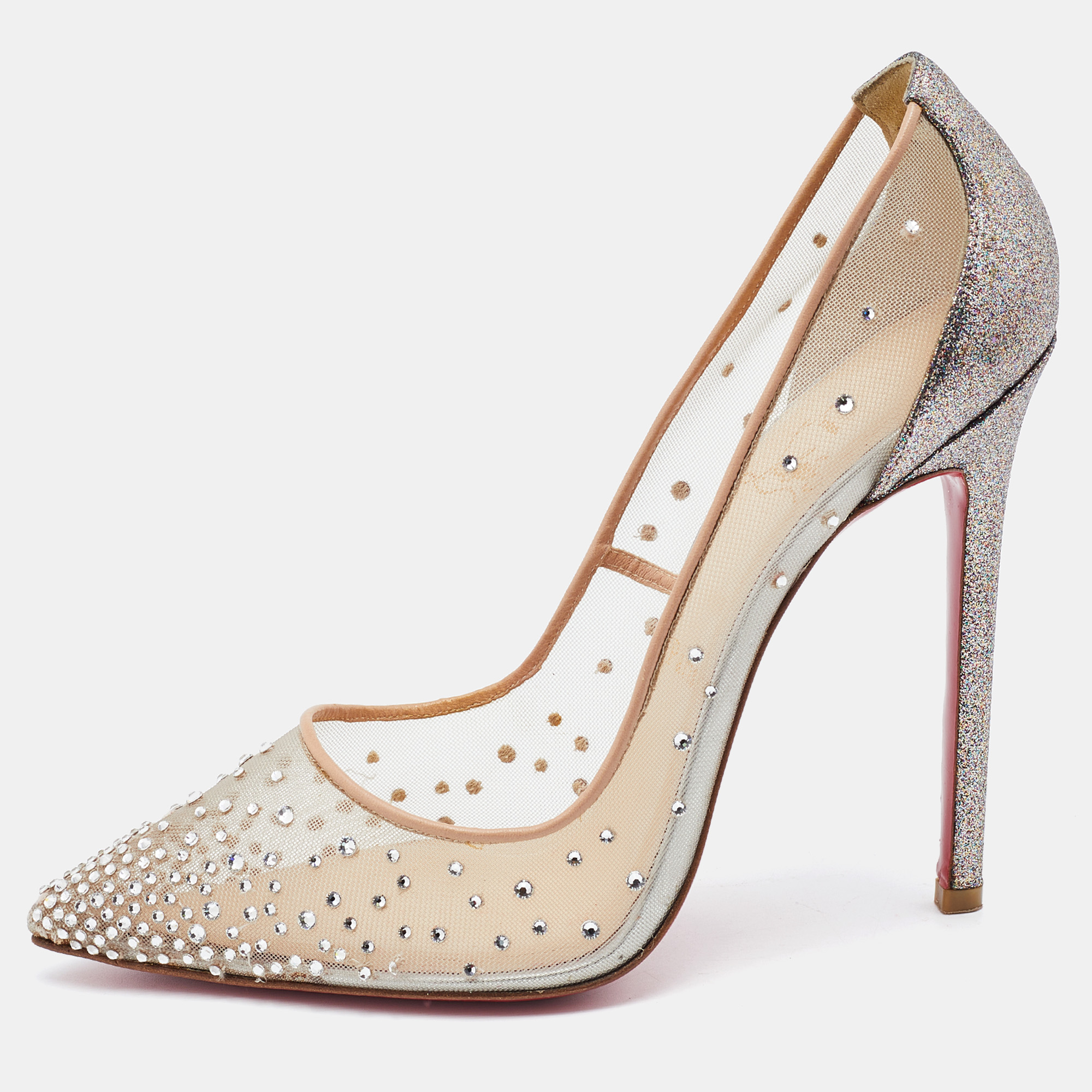 Pre-owned Christian Louboutin Beige/silver Mesh And Leather Follies Strass Pumps Size 39.5