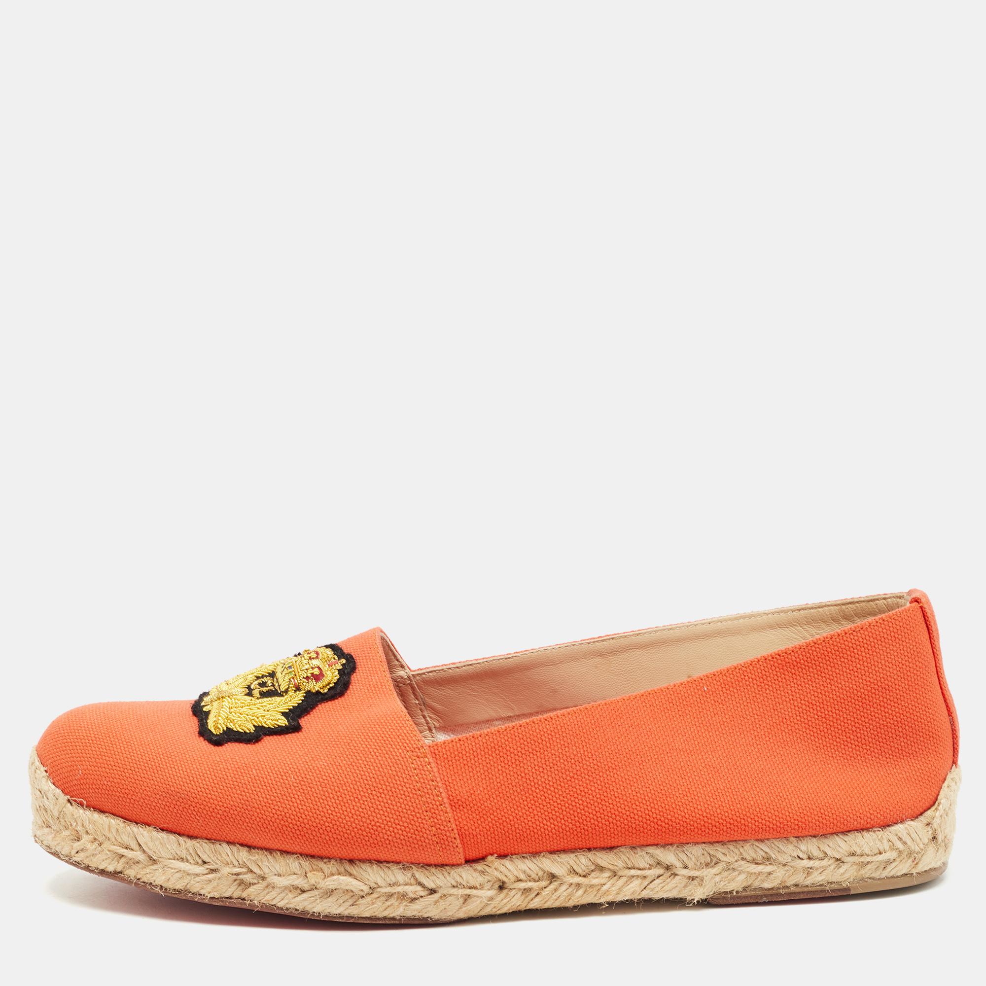 Pre-owned Christian Louboutin Orange Canvas Gala Embroidered Crest Espadrille Loafers Size 38