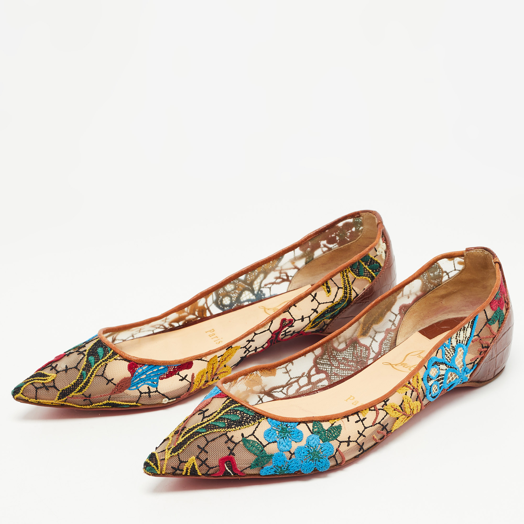 

Christian Louboutin Multicolor Embroidered Mesh and Croc Embossed Leather Follies Ballet Flats Size