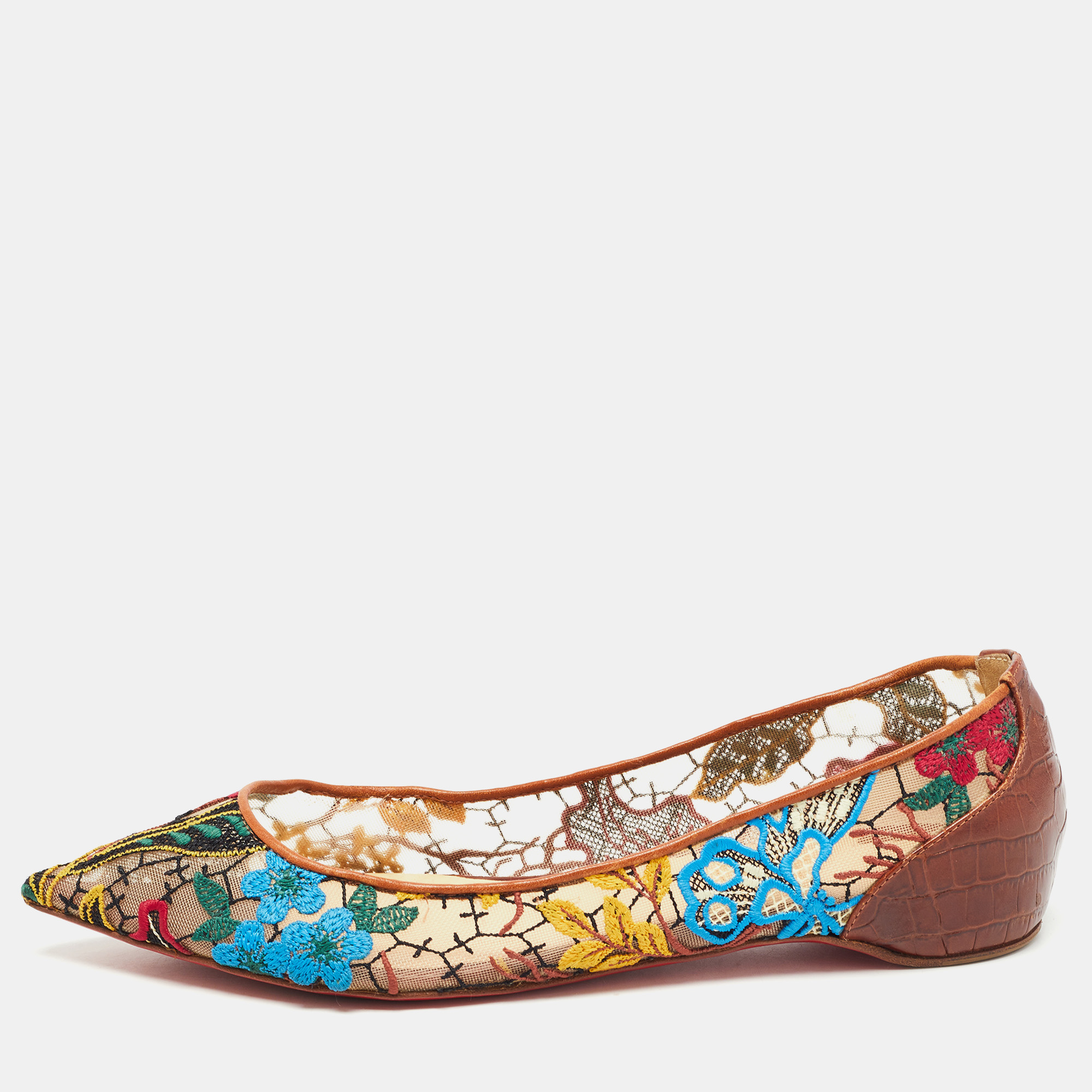 Pre-owned Christian Louboutin Multicolor Embroidered Mesh And Croc Embossed Leather Follies Ballet Flats Size 36.5