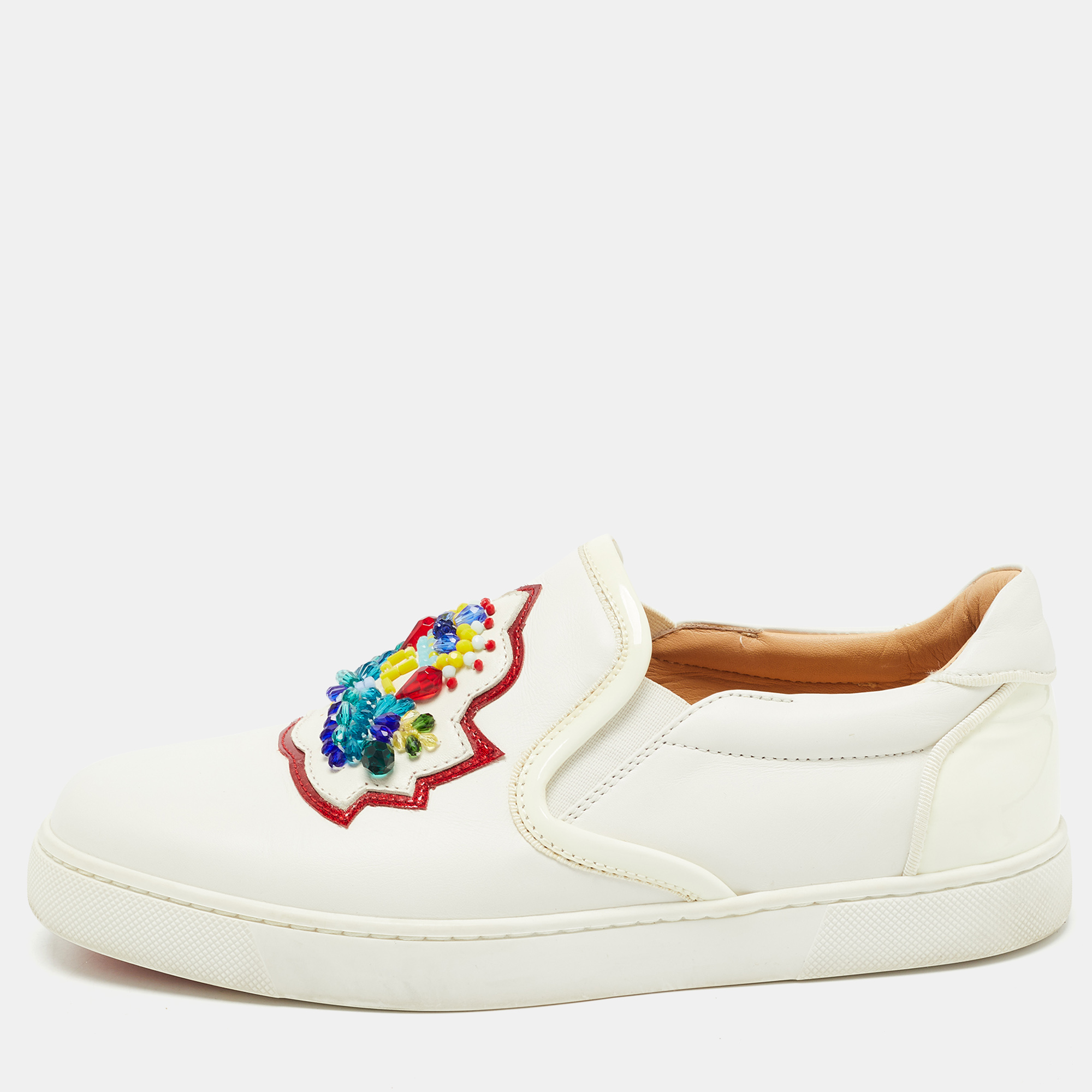 Pre-owned Christian Louboutin White Leather Embellished Low Top Sneakers Size 37.5