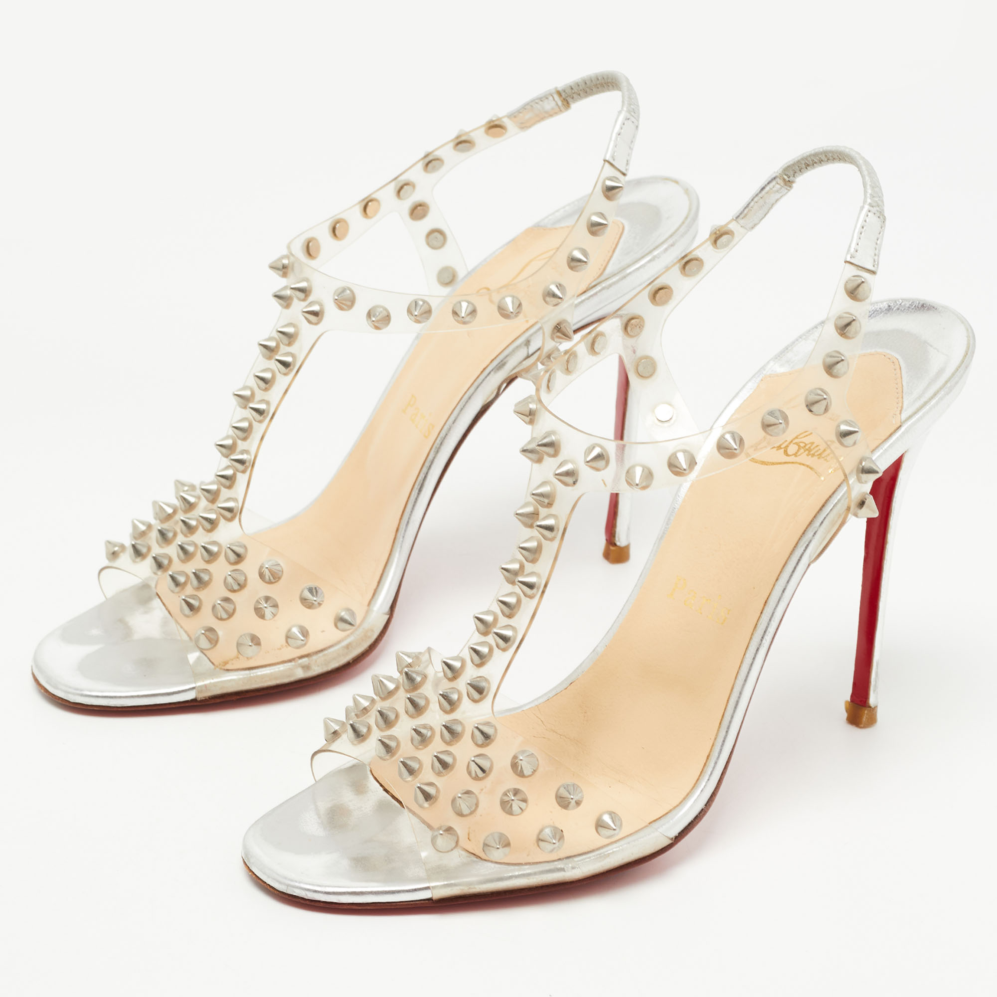 

Christian Louboutin Transparent Spiked PVC J-Lissimo T Strap Sandals Size