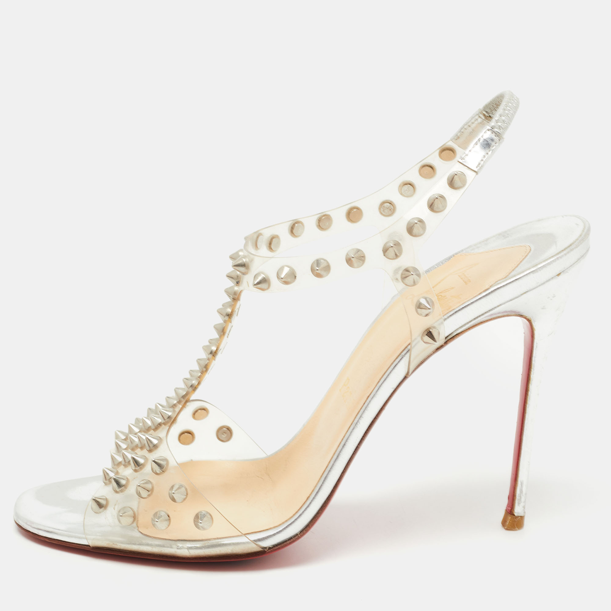 Pre-owned Christian Louboutin Transparent Spiked Pvc J-lissimo T Strap Sandals Size 37