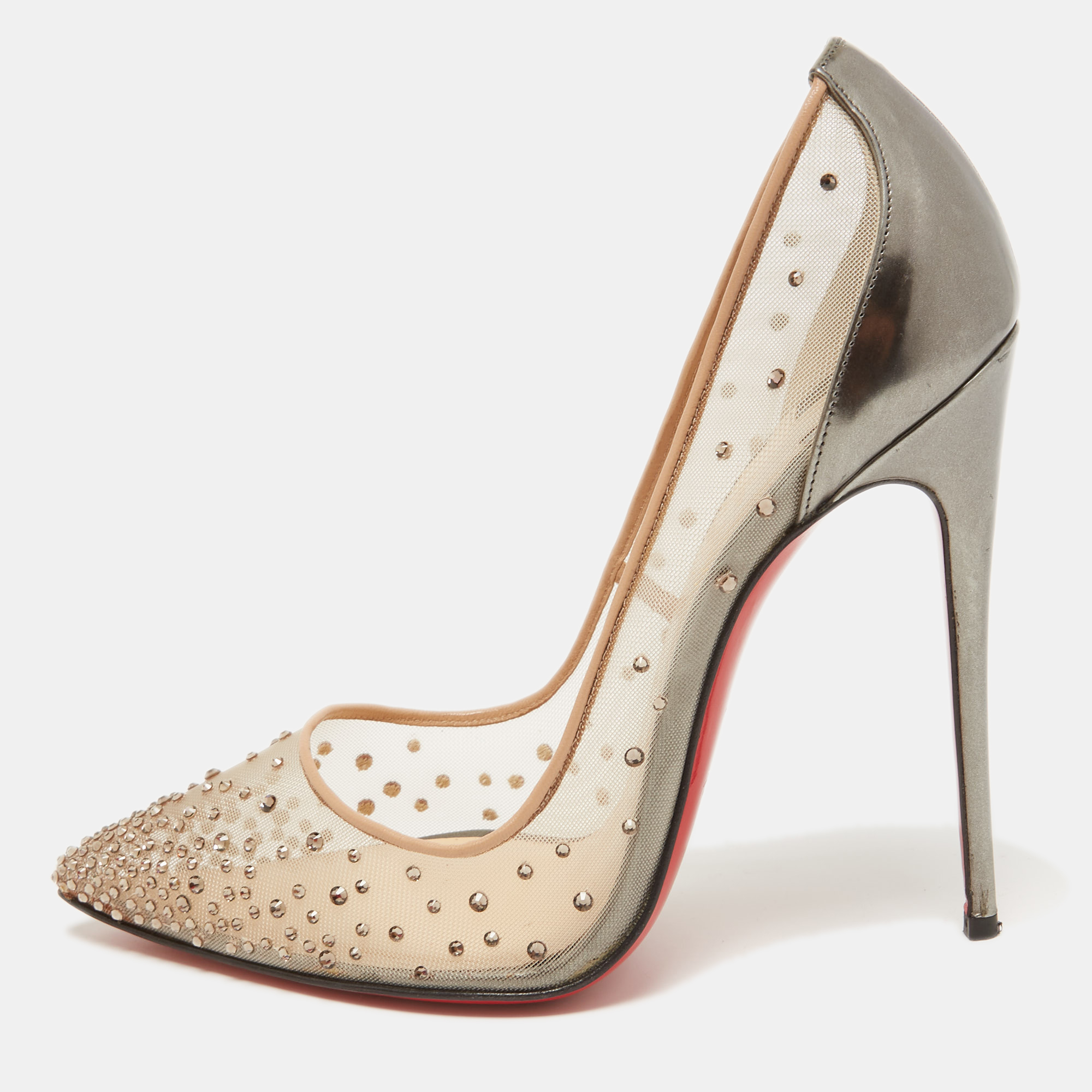 Pre-owned Christian Louboutin Beige/metallic Grey Leather And Mesh Follies Strass Pumps Size 39