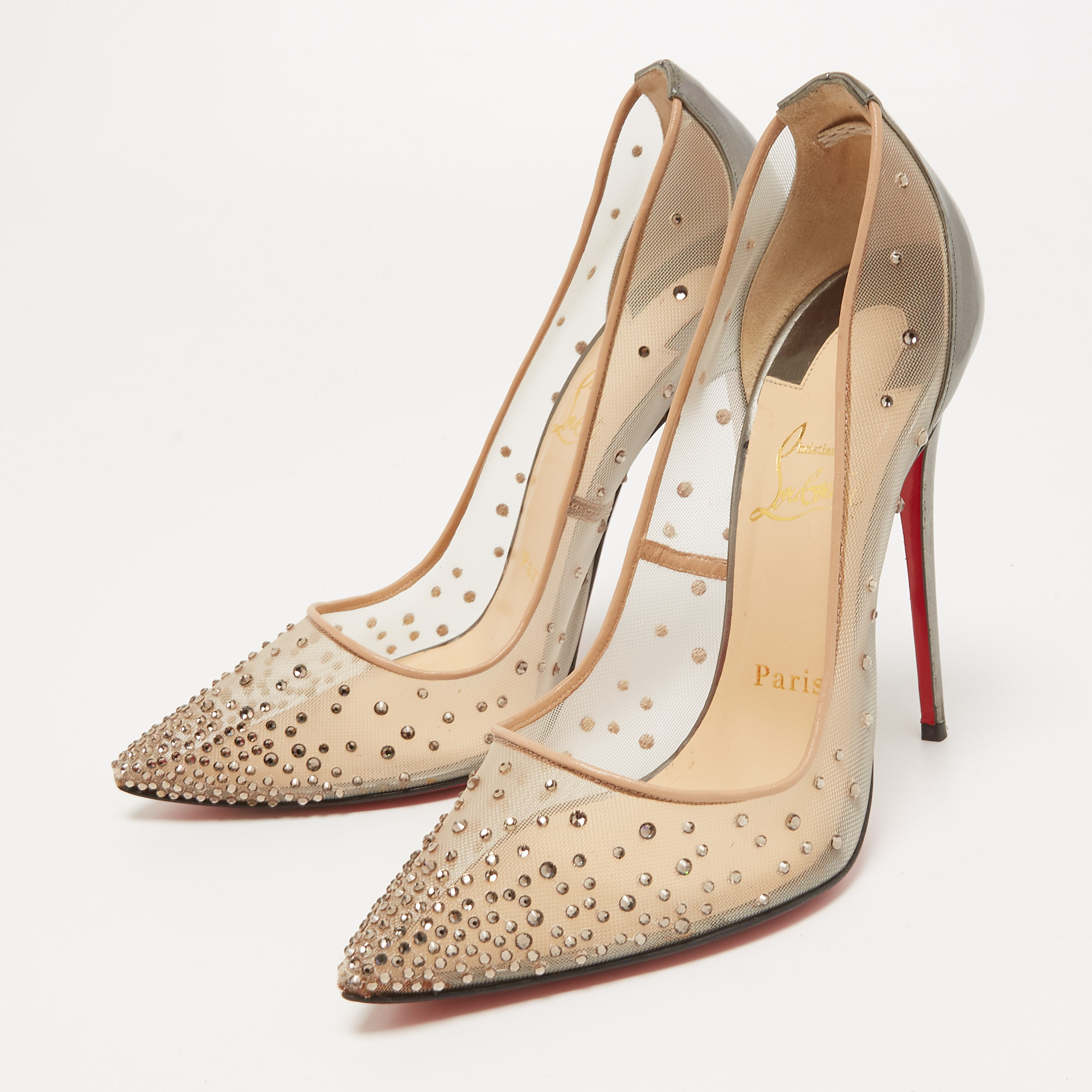 

Christian Louboutin Beige/Metallic Grey Leather and Mesh Follies Strass Pumps Size