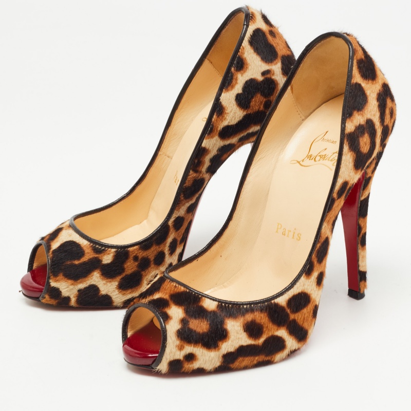 

Christian Louboutin Brown/Beige Leopard Print Pony Hair Maryl Peep Toe Pumps Size