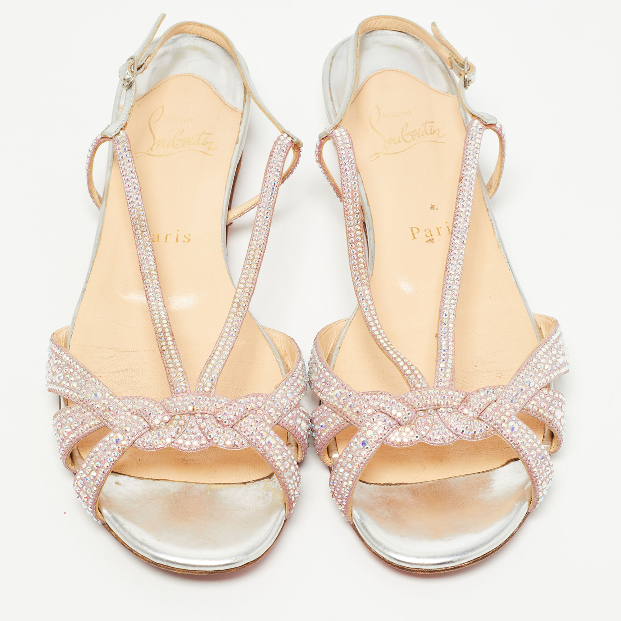 

Christian Louboutin Pink Crystal Embellished Suede Slingback Flat Sandals Size